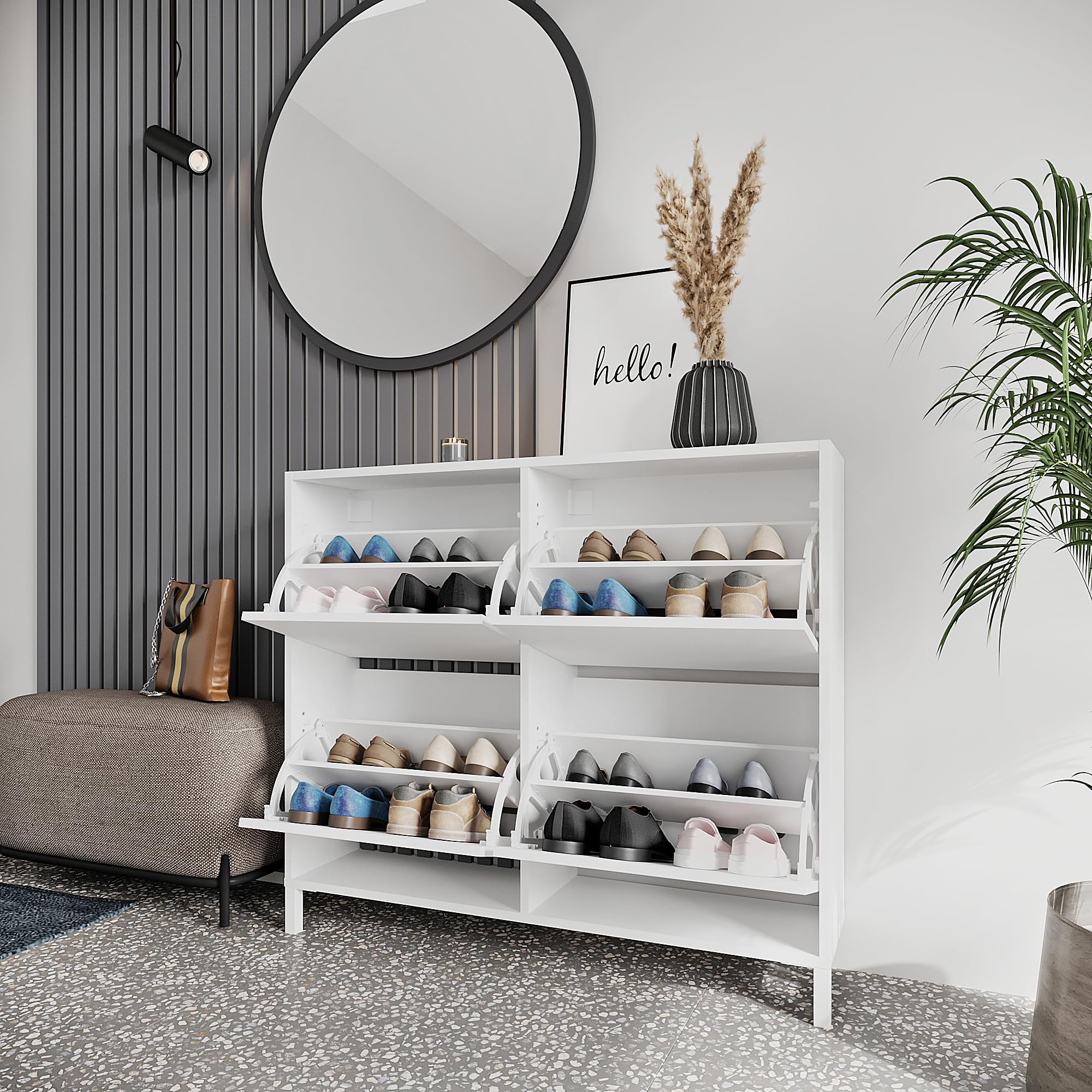 KOMTO Schuhschrank Schmal Weiß - Schuhregal Geschlossen mit 4 Klappen