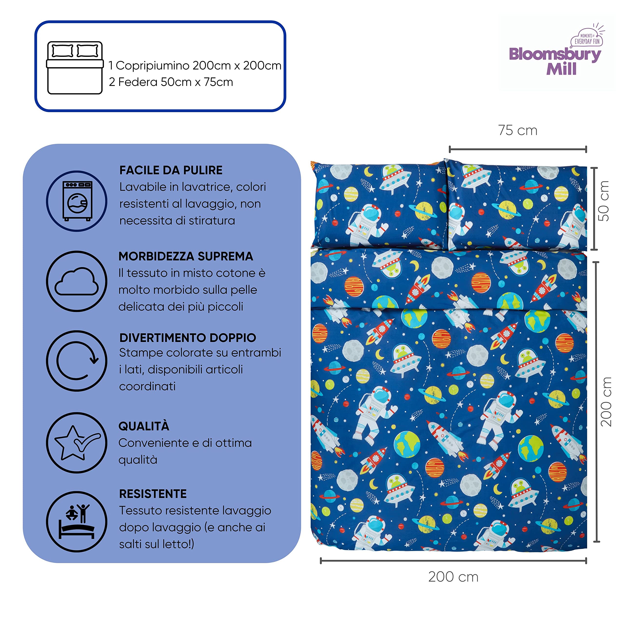 Bloomsbury Mill - Set Copripiumino Piazza e Mezza - Lo Spazio Esterno, Pianeti, Razzi - Lenzuola Letto Reversibile Per Ragazzi/Ragazee - Set Di Biancheria Da Letto Per Bambini - 200x200cm e 2 Federe