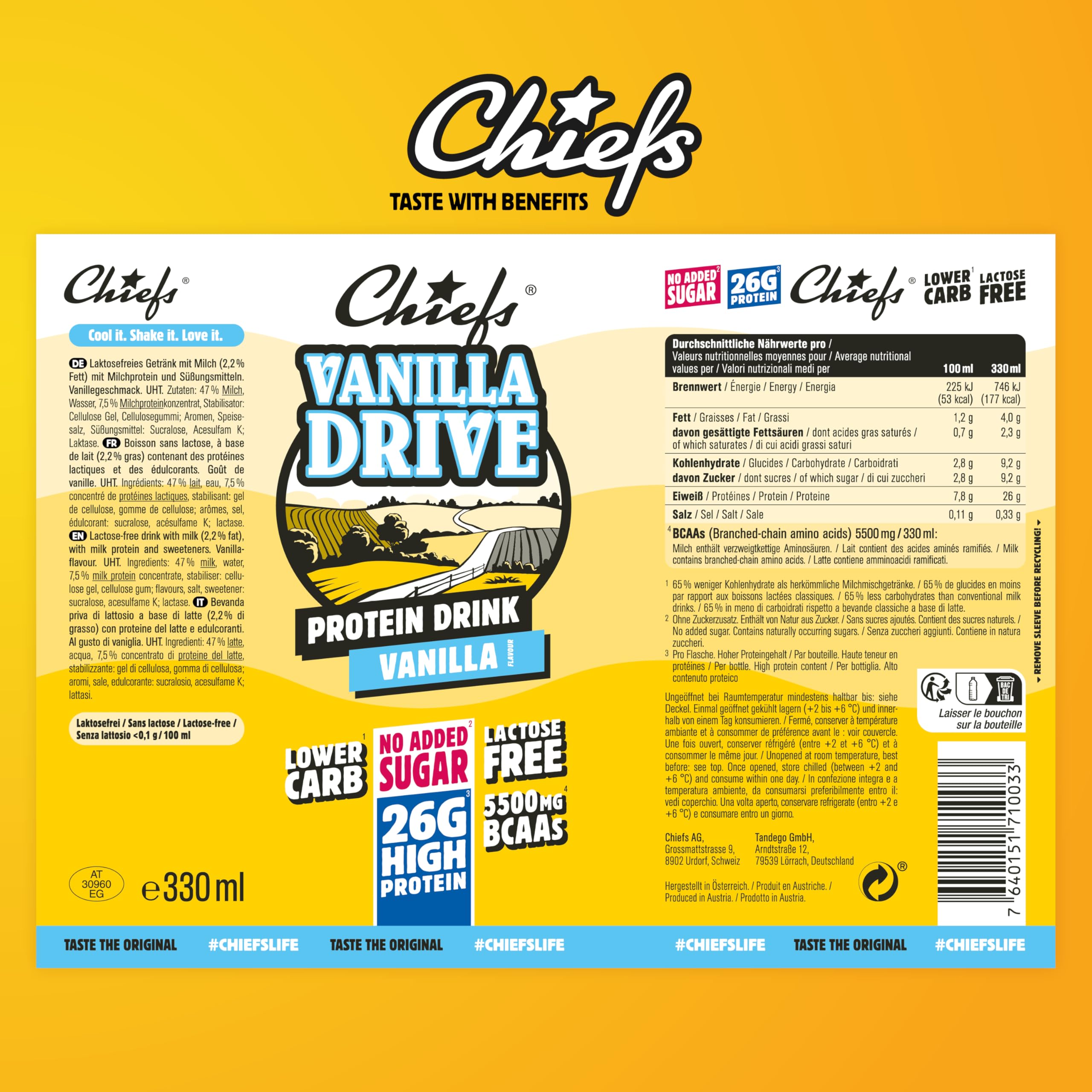 Chiefs® Milk Protein Drink avec 25g de protéines et BCAA • Shake de haute protéine à faible teneur en carbes, sans lactose et faible en sucre • 8 x 330ml (Banana)