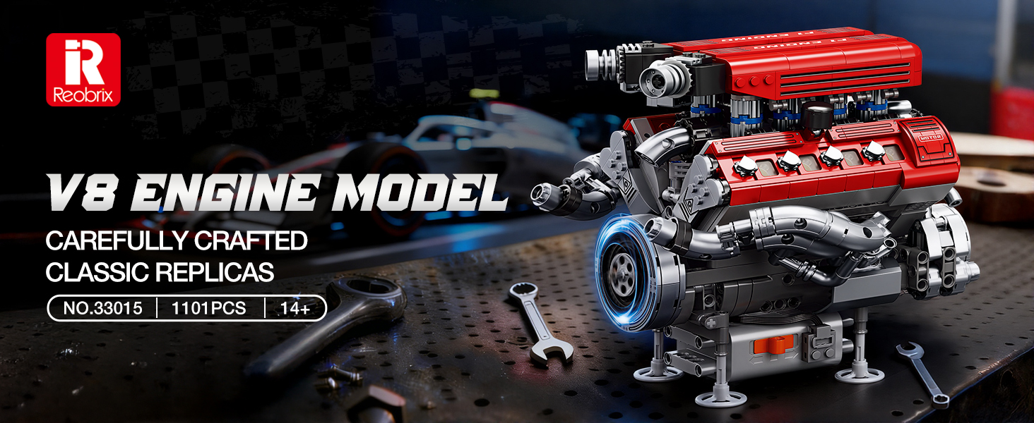 Reobrix – Kit Construction Moteur V8 – 1101 Pièces – Mouvement Réaliste – Modèle Mécanique – Cadeau STEM Adulte Et Ado