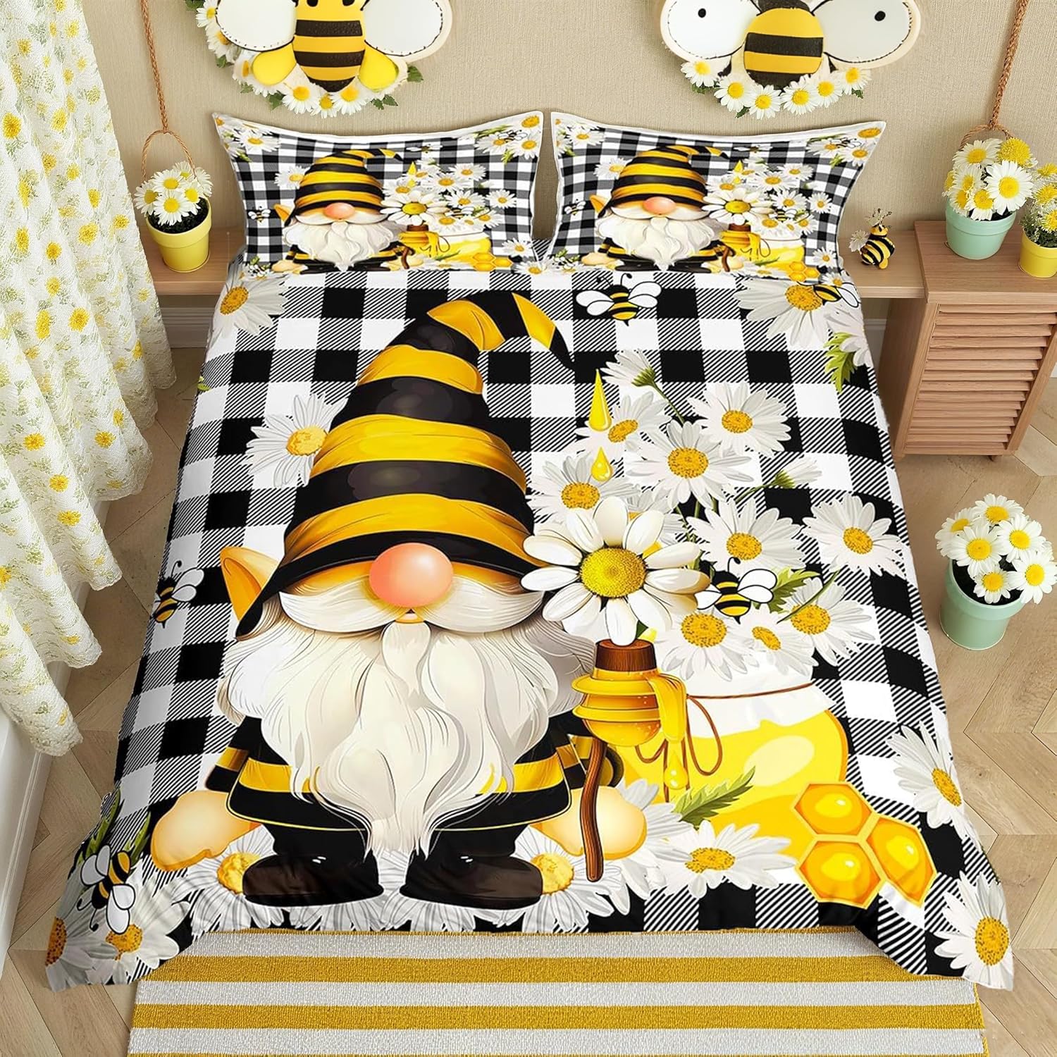 Daisy Gnomes Duvet Cover Set Queen Size Black White Grid Bedding Set 3pcs for Kids Girls Boys Teens Home Decor Bee Flowers Spring Style Comforter Cover Plants Nature Quilt Cover,2 Pillowcases