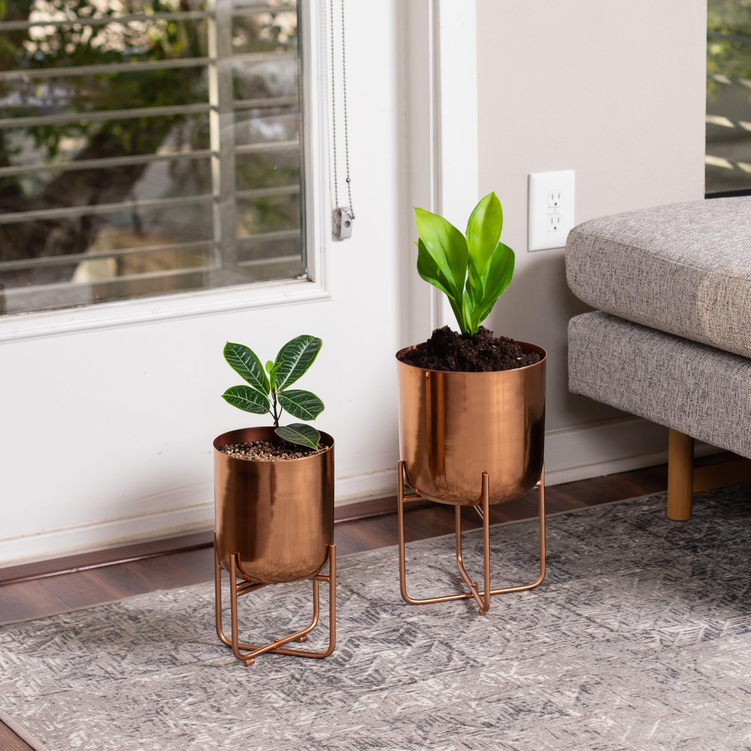 indoor plant pot with stand Gray Concrete House Plant Stand with Wood Legs, Square 8 Inch Freestanding  Planter Flower Pot Display Rack main image 1