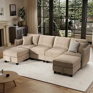 Ihanherry 112" Modular U-Shaped Sectional Sofa with Storage Ottomans, Brown
