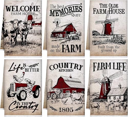 Geyoga 6 toallas de cocina de granero de granja, toallas de cocina de vaca, paño de té de animales de granja para primavera y verano, cocina, baño,