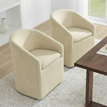 KISLOT Upholstered Dining Chairs Set of 2 with Casters, Modern Side Barrel Armchair with Washable Slipcover & Sturdy Metal Frame for Diningroom Bedroom Livingroom Reading Room, Sand Fabric