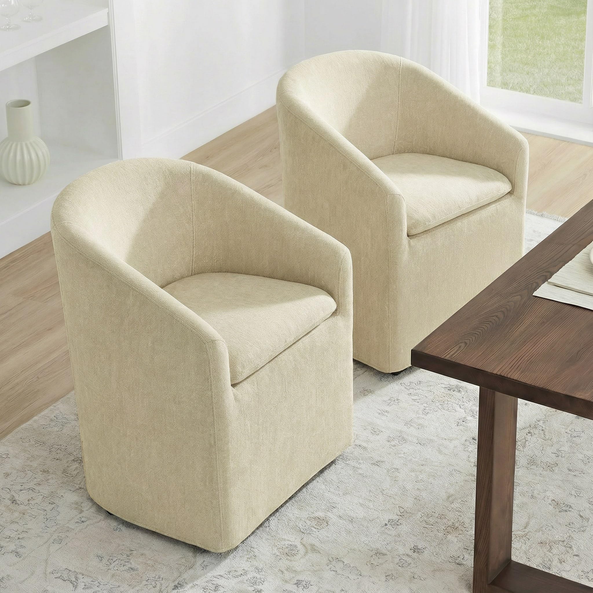 KISLOT Upholstered Dining Chairs Set of 2 with Casters, Light Tan