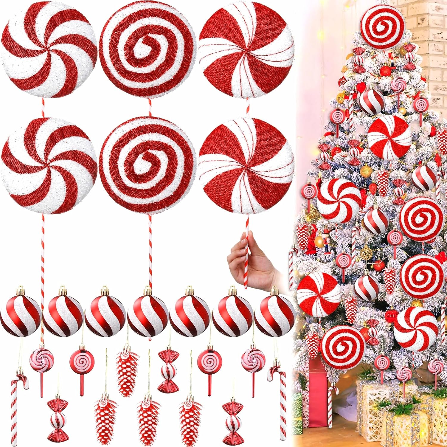 27 Pcs Large Candy Christmas Decorations 7.87" Peppermint Lollipop Candy Christmas Decorations with Hanging Xmas Tree Ornaments Lollipop for Home Xmas Party Decor(Red and White)