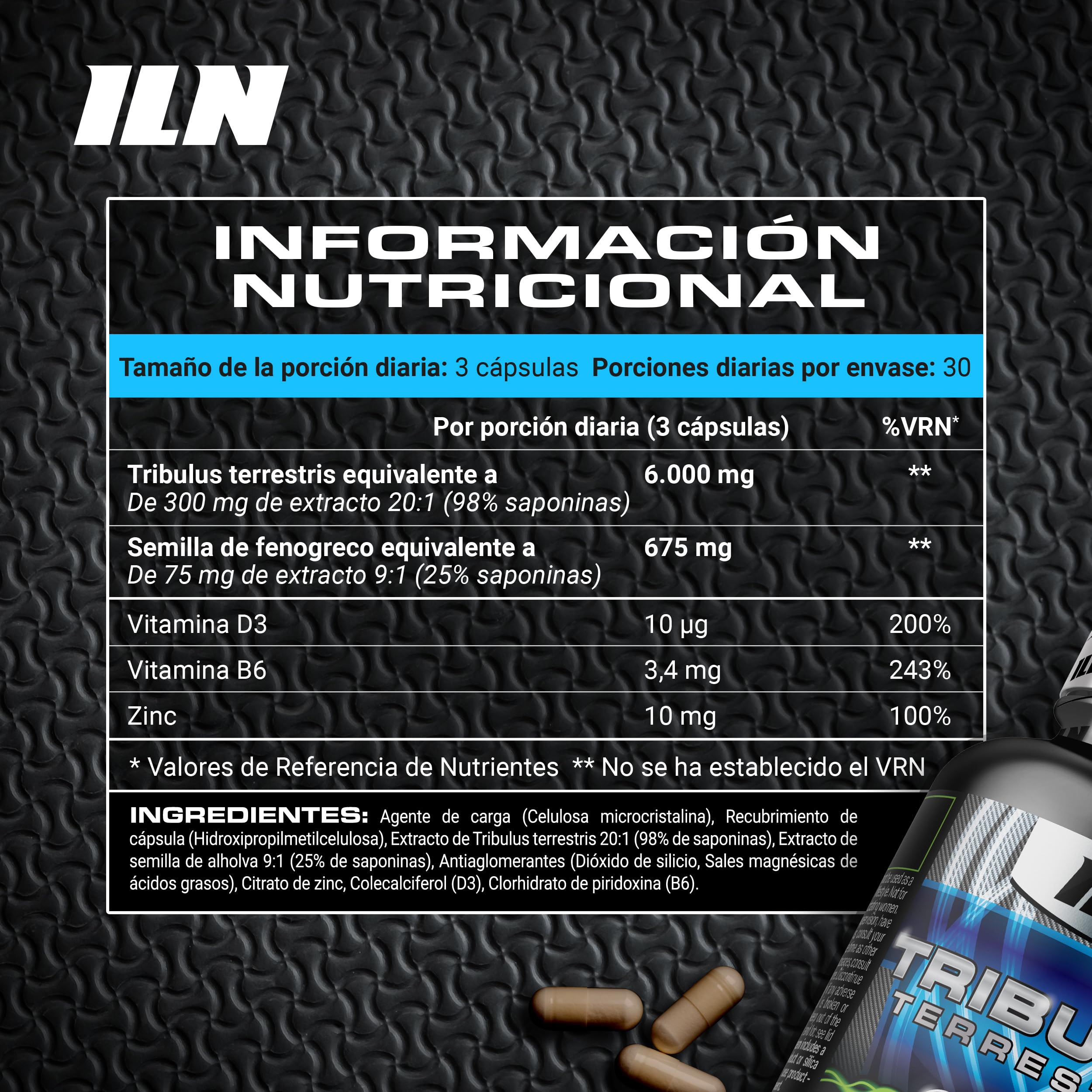 ILN - Tribulus terrestris equivalente a 6000 mg, 98% saponinas - suplemento unisex, 90 cápsulas vegetarianas