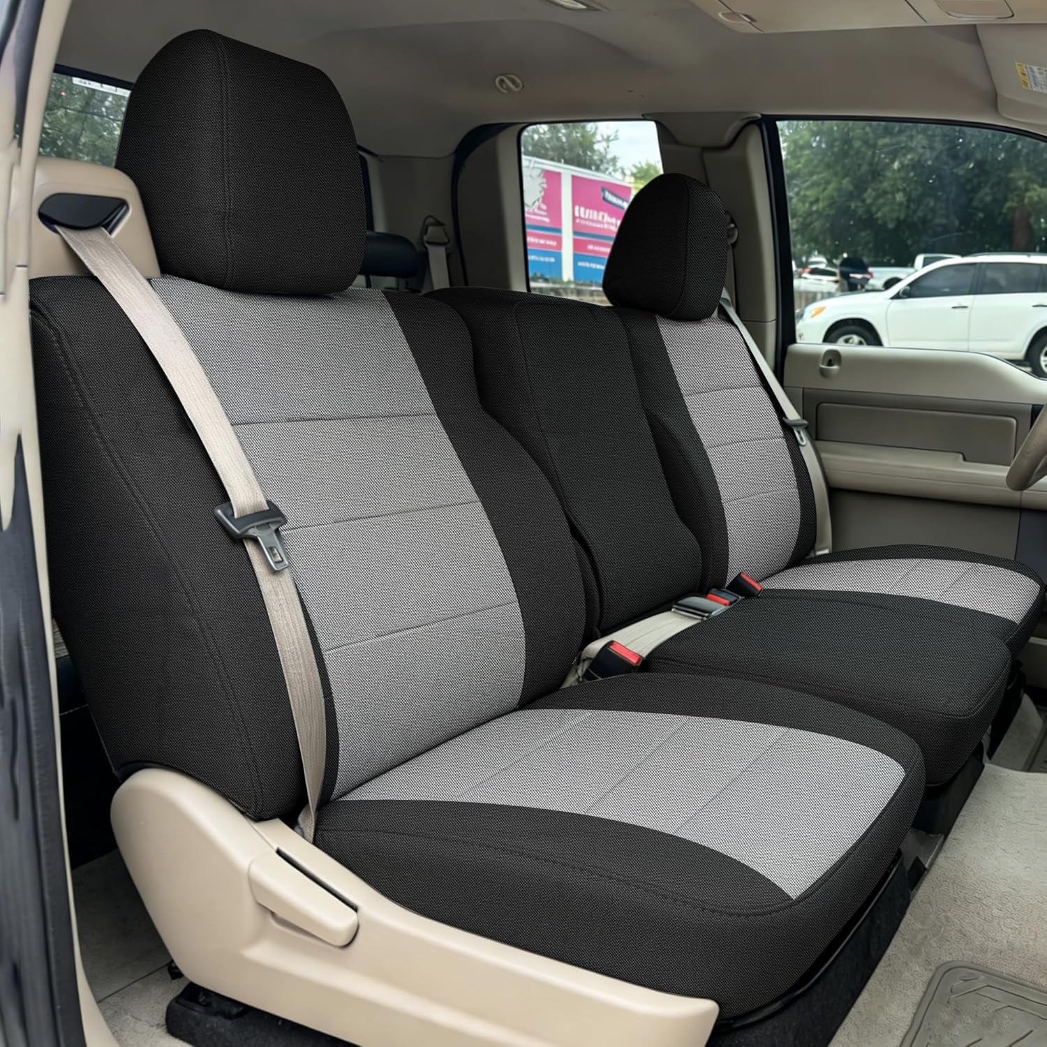 Custom Front Split Bench Seat 40/20/40 Oxford Cloth Seat Covers Fits Ford F150 XL/Standard Cab 2004 2005 2006 2007 2008 Models with Integrated Seat Belts and Solid Armrests - Gray