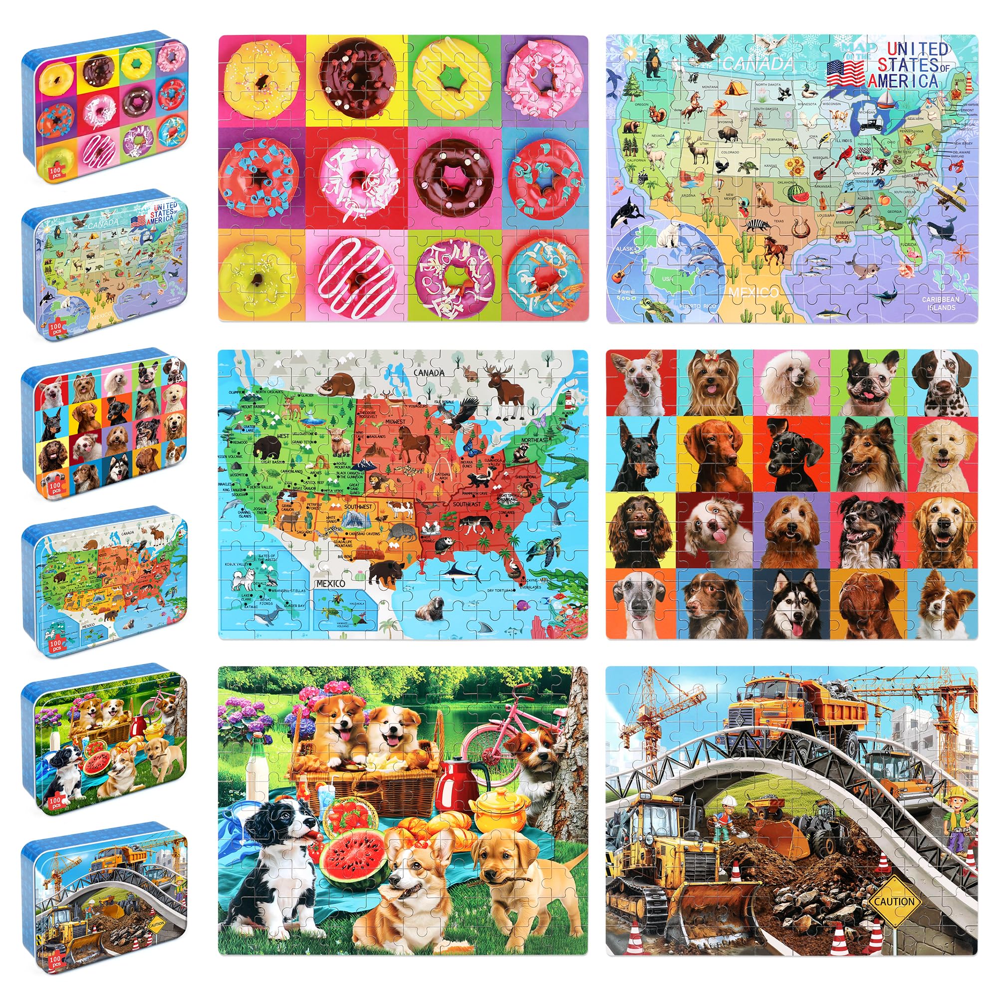 LELEMON Puzzle für Kinder von 4 bis 6 Jahren, 100 Teile für Kinder von 4 bis 8 Jahren in einer Metallbox, Lernpuzzle für Mädchen und Jungen