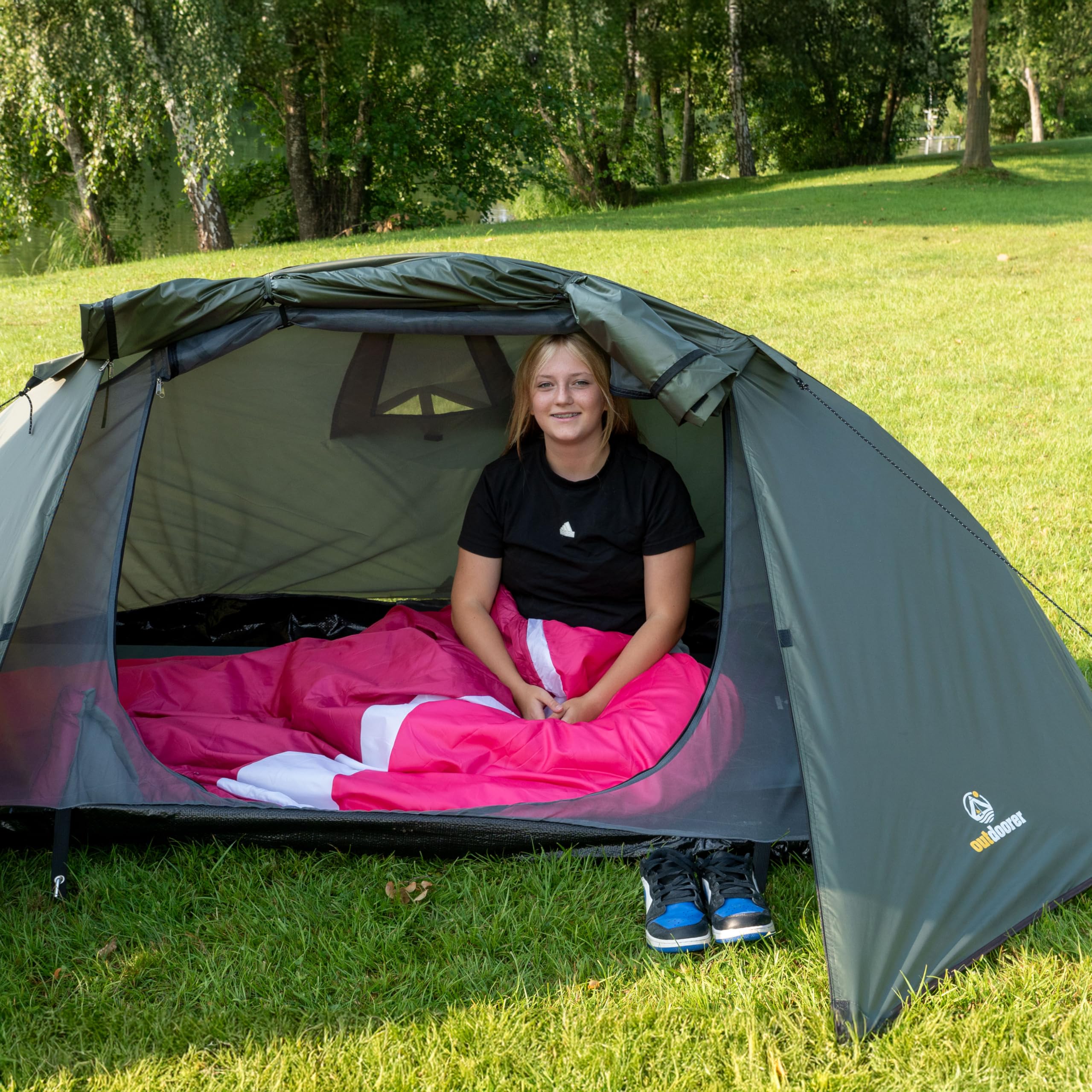 outdoorer Śpiwór dla dzieci wraz z dzieckiem DreamSurfer – śpiwór dla dzieci i młodzieży w kolorze niebieskim, różowym lub zielonym (różowy/szary)