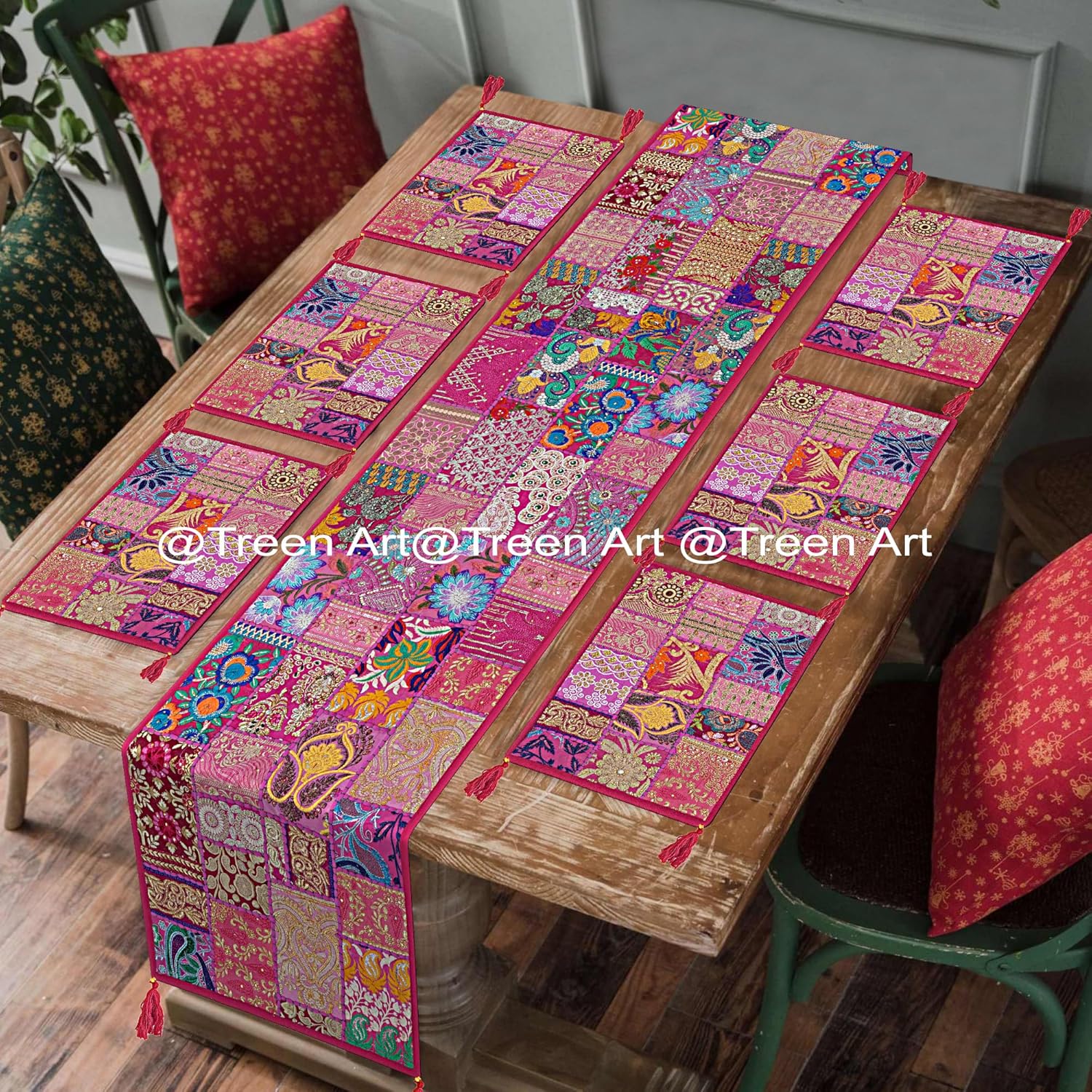 Treen Art 1 Table Runner with 6 Placemats for Kitchen, Dining, Living Room, Bedroom, Christmas, Decor Table Dinning Cloth Handmade Decorative Art Embroidered Patchwork (Pink, 20" x 60")