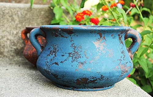 Miniatura 3 de Recipiente de terracota de terracota con diseño de la era egipcia con asas en bucle. Azul