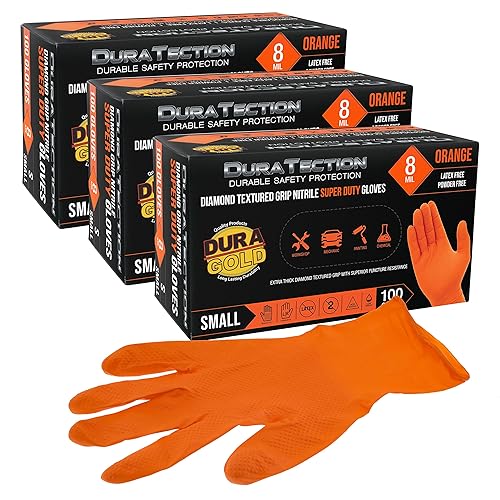 Dura-Gold Duratection - Guantes desechables de nitrilo con textura de diamante de 8 mil, color naranja, 3 cajas de 100, pequeños, sin látex, sin