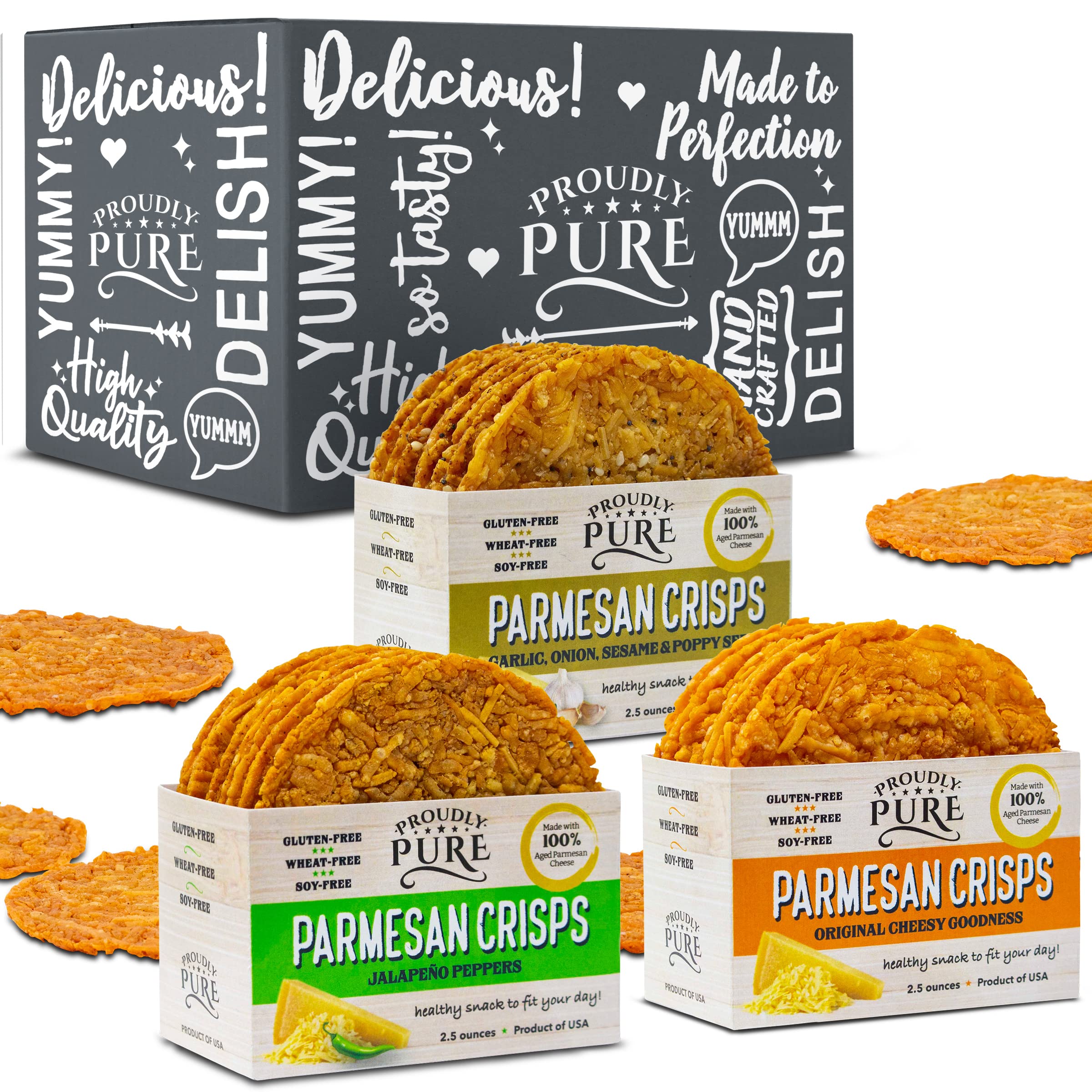Proudly Pure Parmesan Cheese Crisps - Keto Snacks Zero Carb Crunchy Delicious Healthy 100% Natural Aged Cheesy Parm Chips Wheat & Gluten Free Keto Crackers Low Carb Snacks (Variety Pack, 3 Pack)