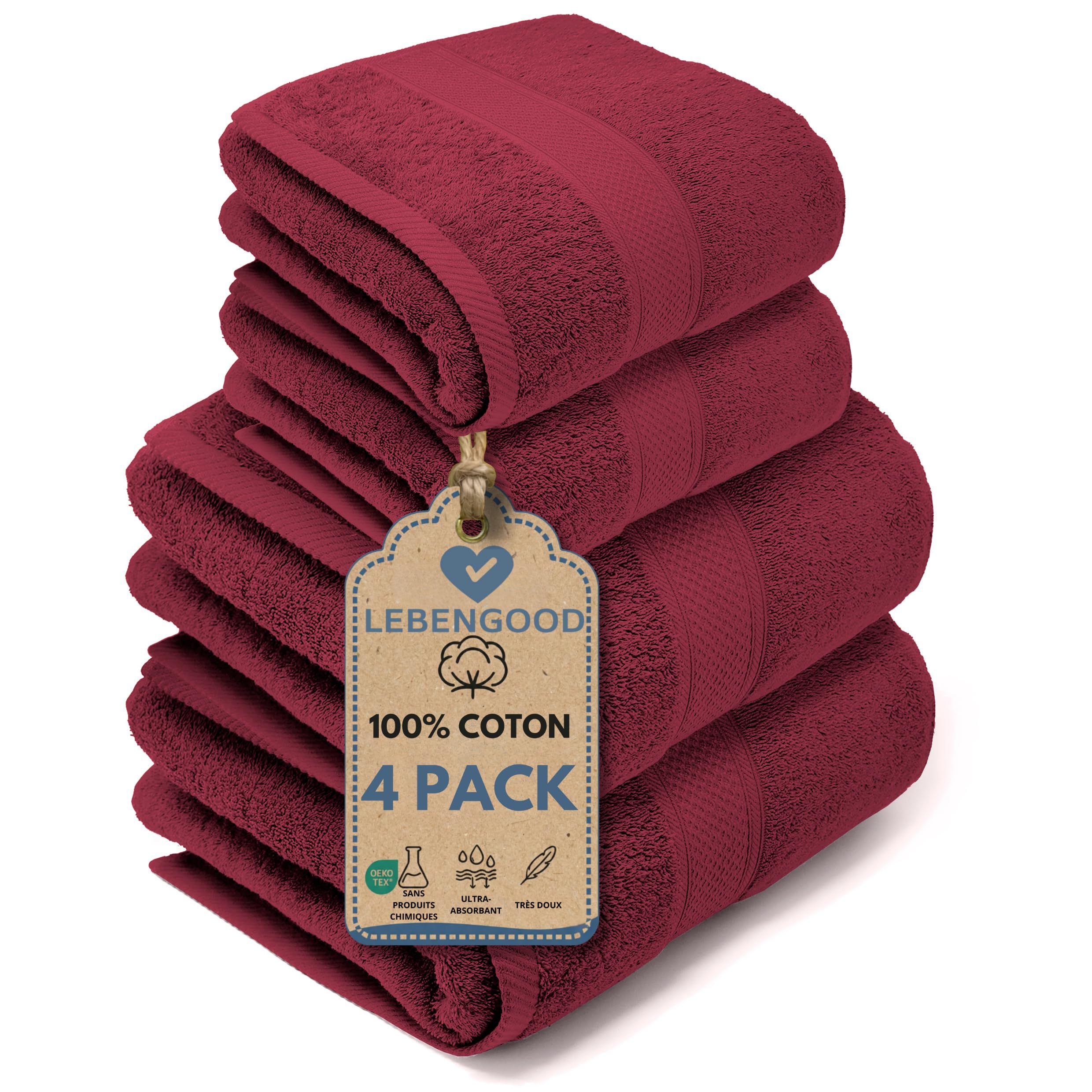 LEBENGOOD Set 4 Serviette de Bain 100% Coton 2 Toilette 2 Douche Oeko