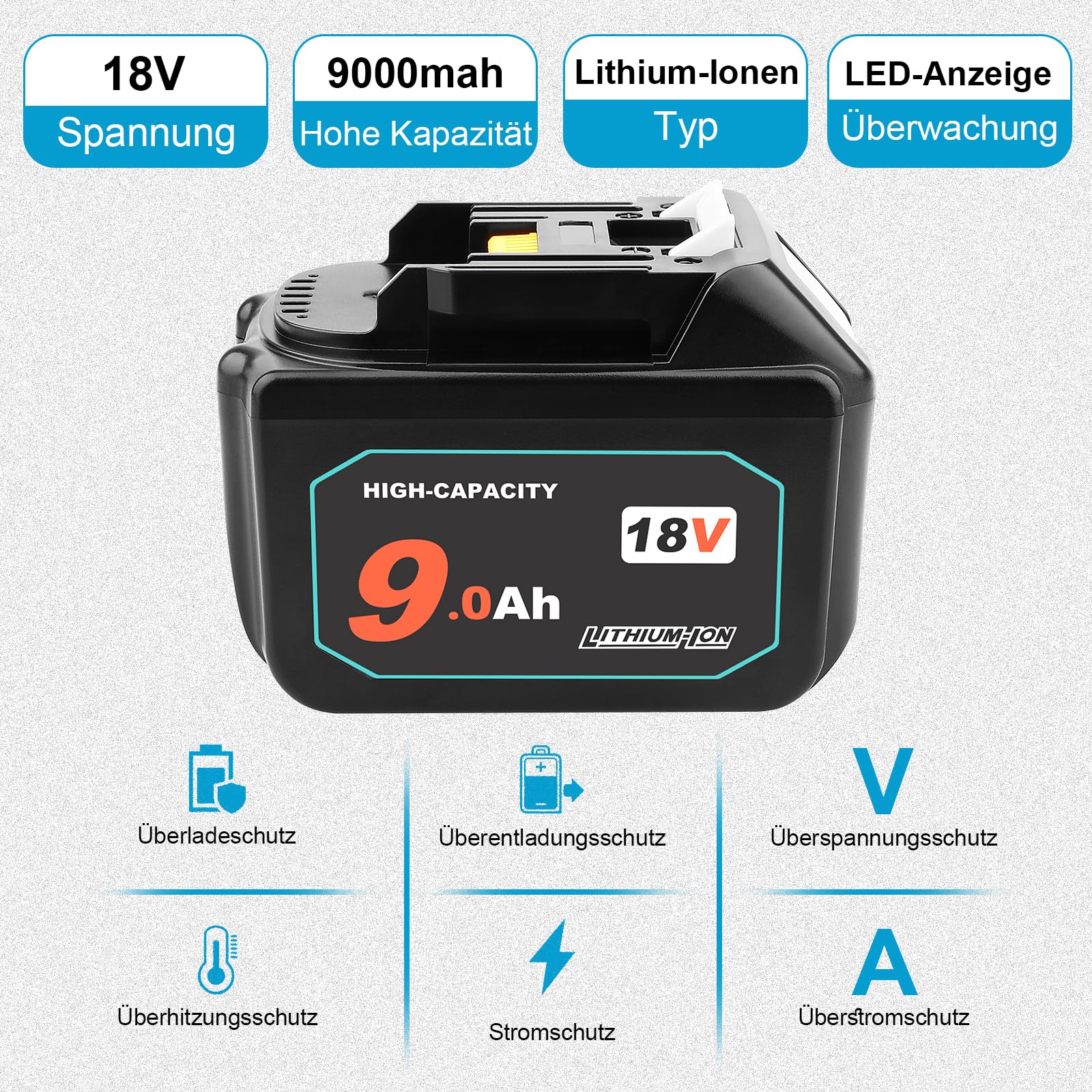 QUPERR 18V 9000mAh Ersatzakku für Makita 18V Akku Werkzeuge | Mit LED-Ladeanzeige, hoher 9,0Ah Kapazität und Mehrfachschutz für längere Laufzeit und zuverlässige Leistung