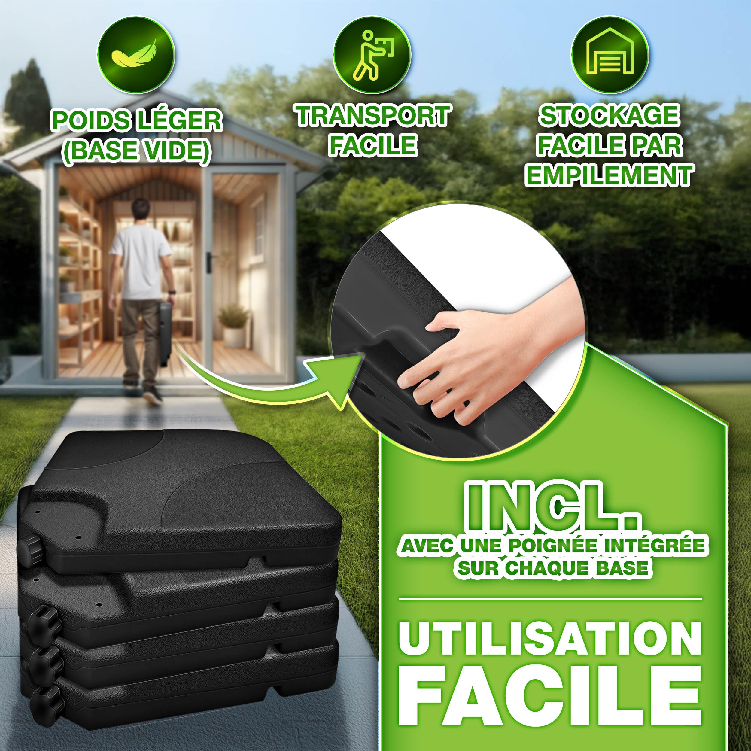 tillvex® Lestage & Dalles Carrées pour Parasol Déporté – Pied de Parasol 60 litres / 80 kg, 4 Pièces avec Connecteur Métallique | Base Remplissable avec Eau ou Sable | Support de Parasol (Noir)