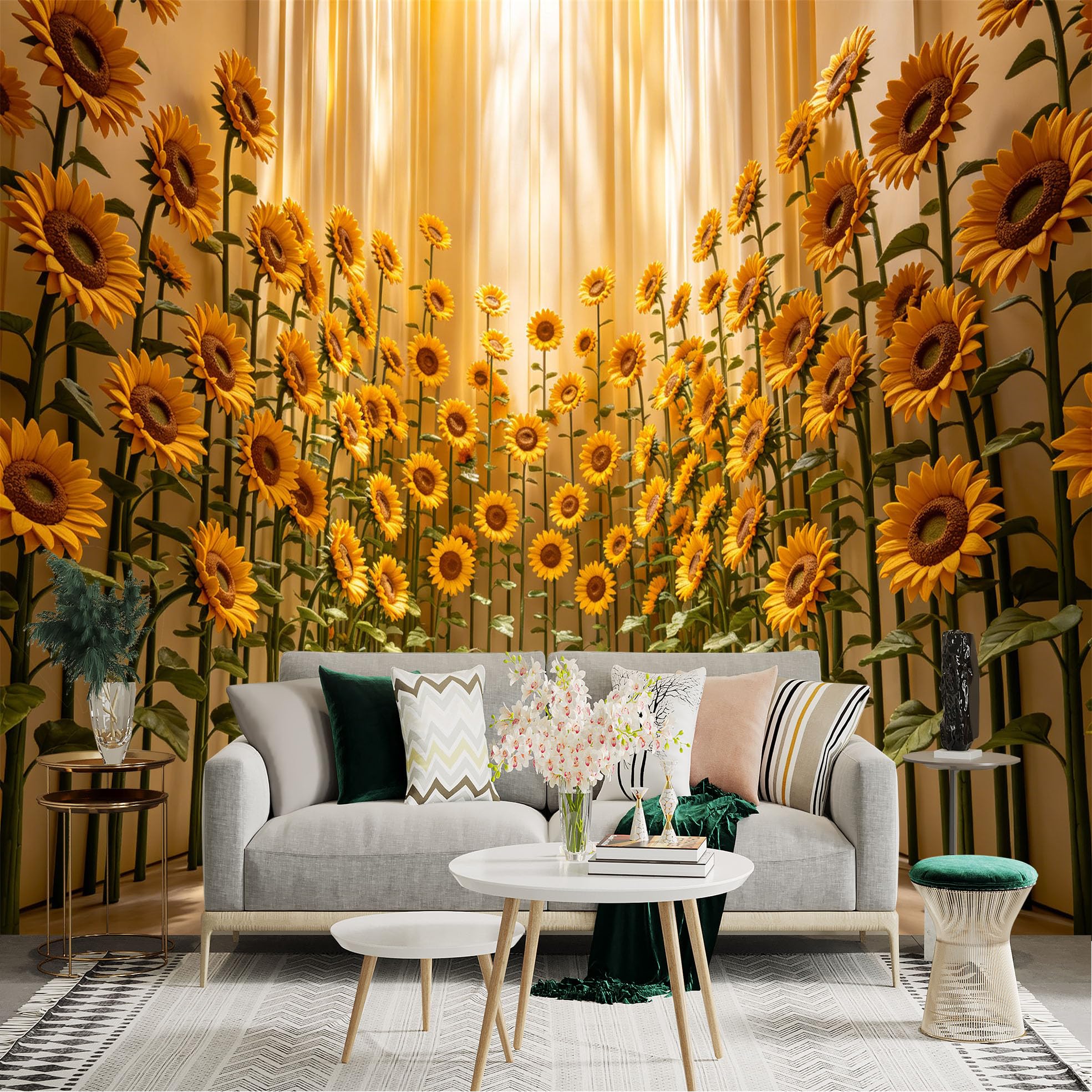 Lnzczhyre Dbh260521680 Custom Size Wall Sticker Mural， Bright Yellow Sunflower Garden， Warm Golden Sunlight， Floral Botanical Backdrop， For Wall Decoration， Peelandstick Wall Decals.