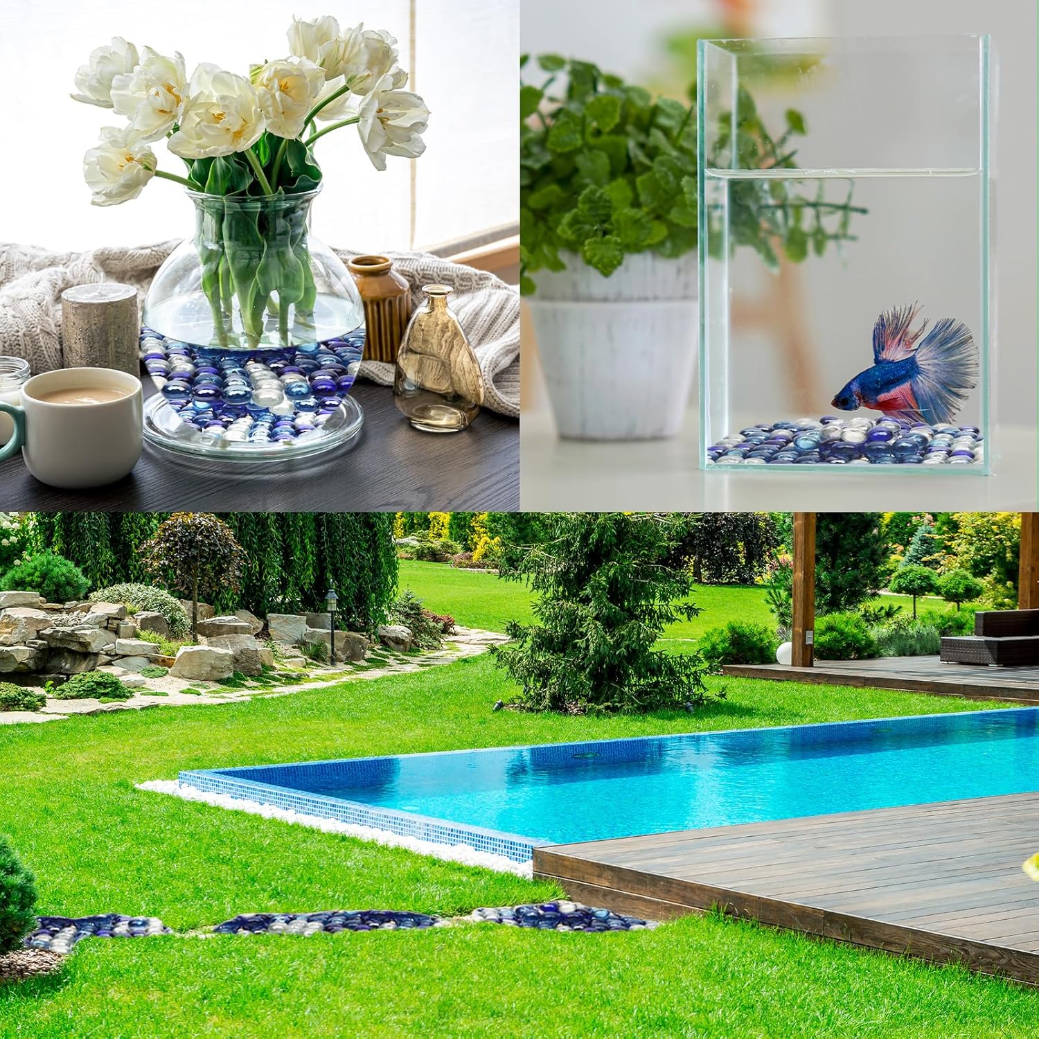 10lb Flat Glass Marbles, Blue Mixed Gemstone Vase Fillers Beads Decorative Glass Pebbles Floral Fish Tank Rocks for Vases Table Scatter Aquarium Decor