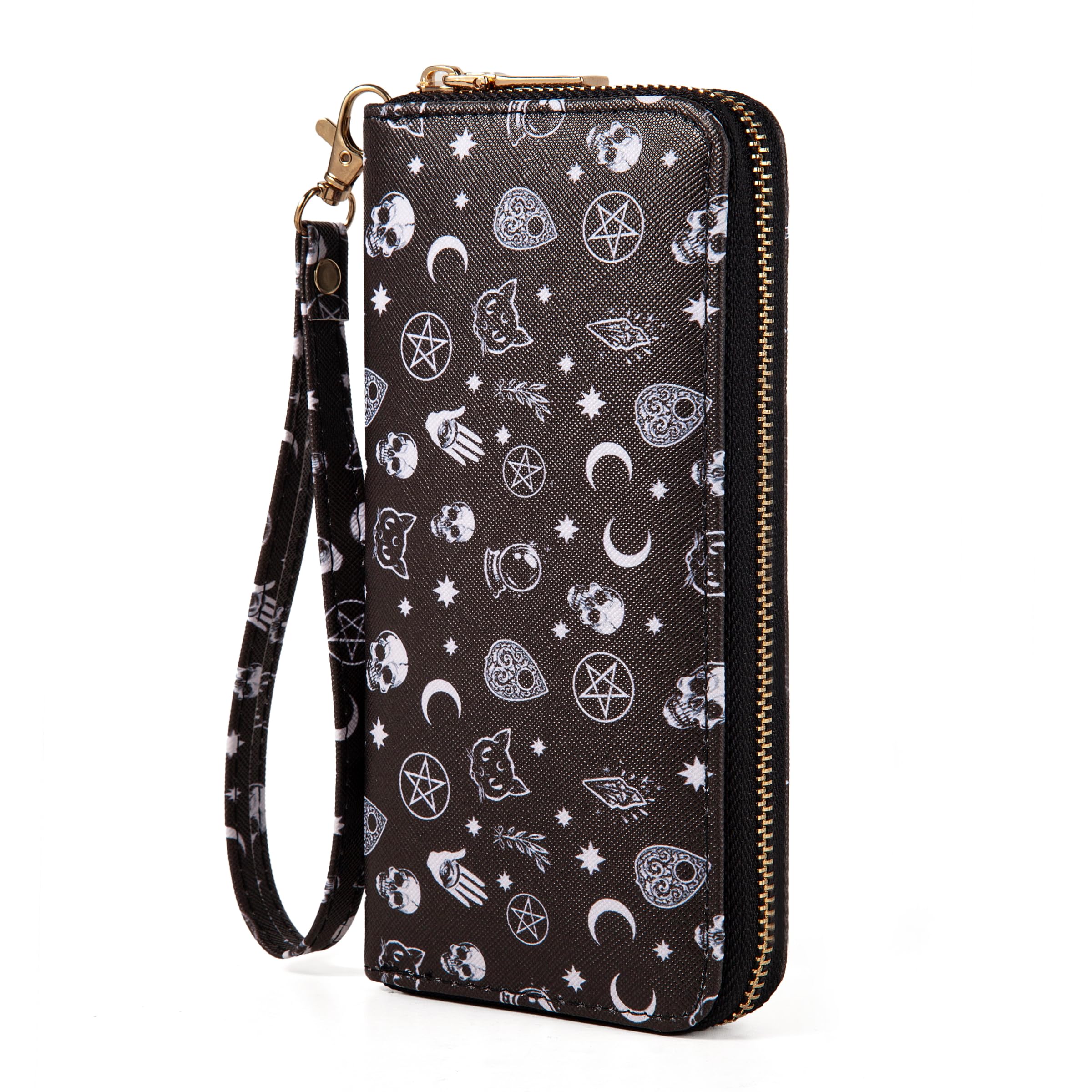 Checkered Highland Cow Print Book Wallet For Women Skull Goth Frog Butterfly Ladies Cluth Wristlet Wrist Strap Long Purse Zip Around Card Holder