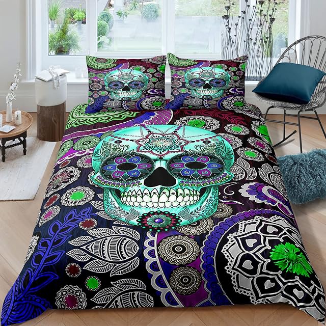Bohemia Floral Skull Duvet Cover with 2 Pillowcases Flowers Pattern Skull Bedding Set with Zipper Closure Soft Microfiber Double Quilt Cover 200x200cm