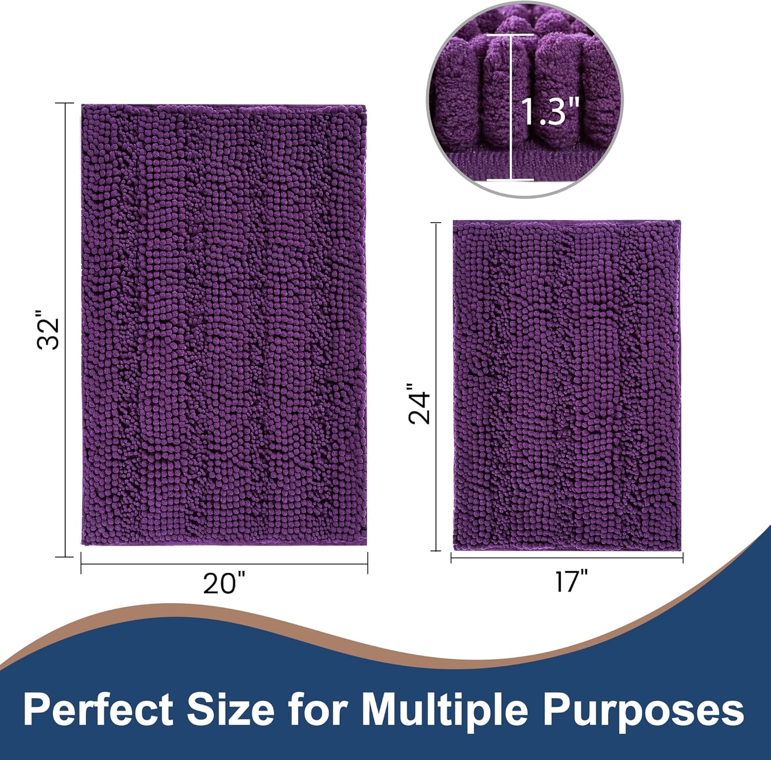 Non Slip Thick Shaggy Chenille Bathroom Rug Sets 2 Piece, Thickened Hot Melt Rubber Bottom Bath Mats for Bathroom, Bath Rugs Quick Dry Machine Washable for Shower (Plum, 32"x20" Plus 17"x24") - Image 2