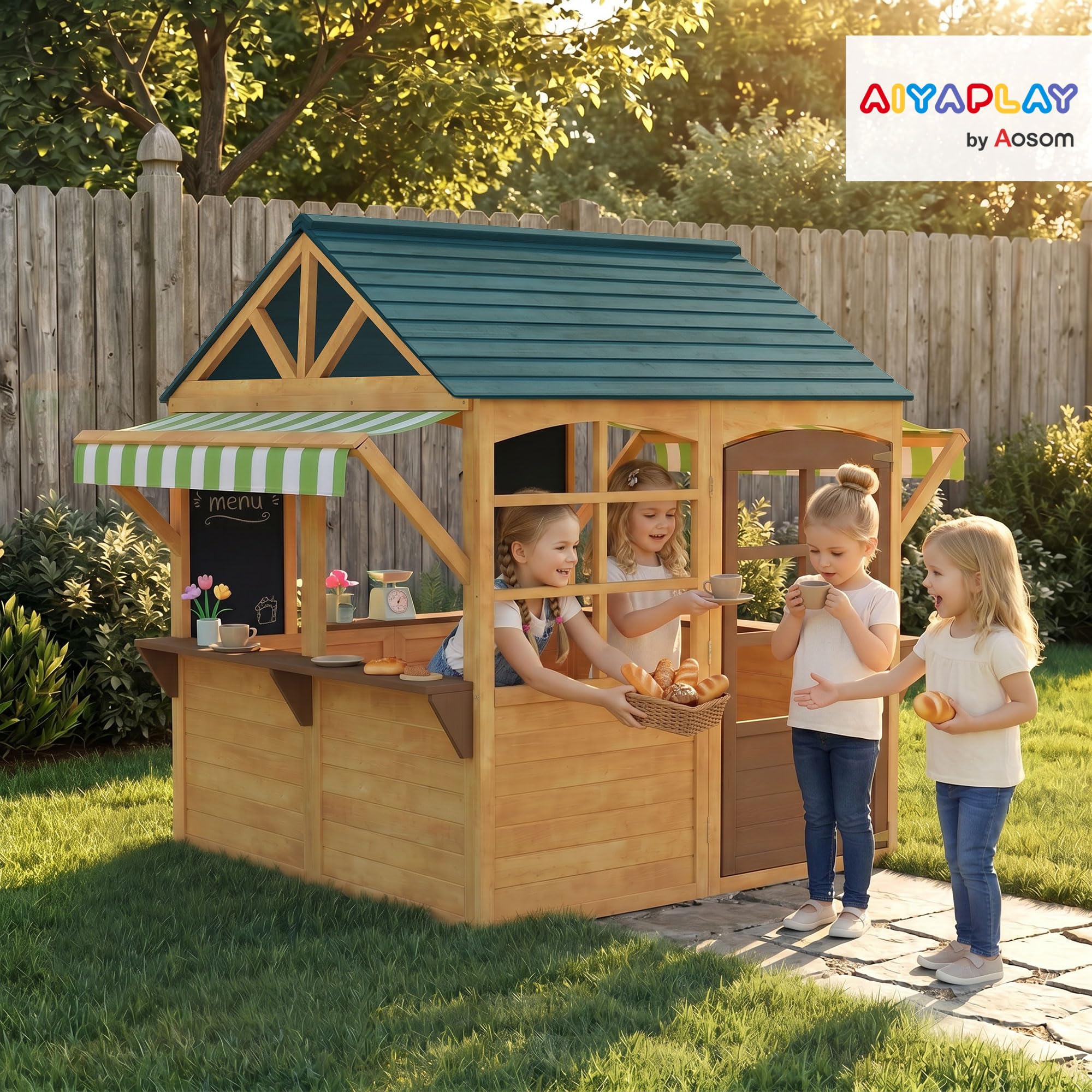 AIYAPLAY Casita Infantil Exterior de Madera Plegable Casa Jardín Infantil con 2 Pizarras Ventanas y Toldo Casita de Juegos para Niños a Partir de 3 Años Natural