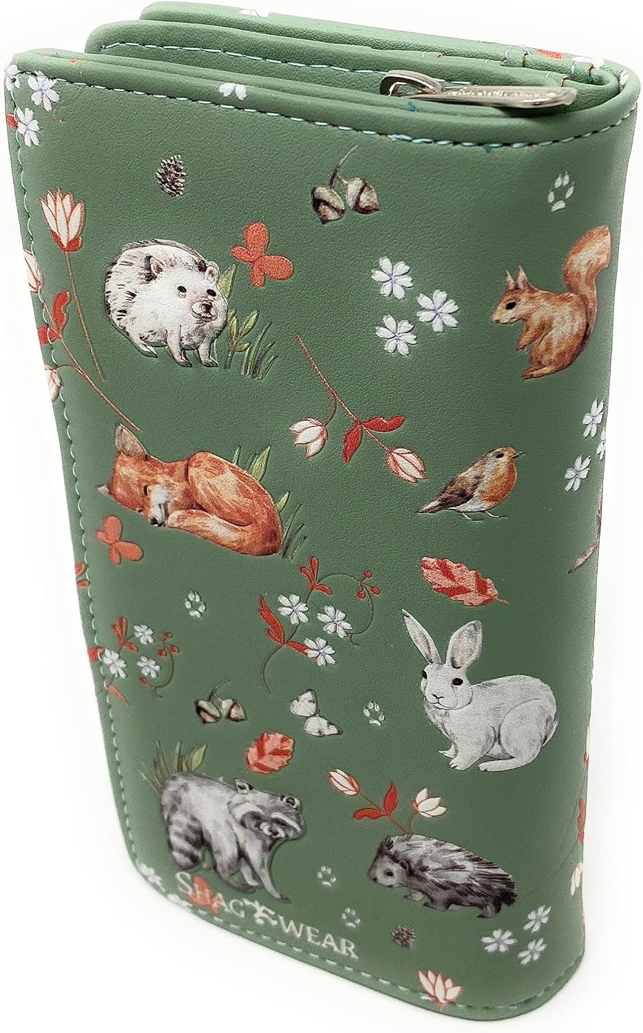 Shag Wear Forest Friends Large Animal Wallet for Women and Teen Girls Deer Owl Squirrel Rabbit Fox and More Vegan Faux Leather 7" Mint Green