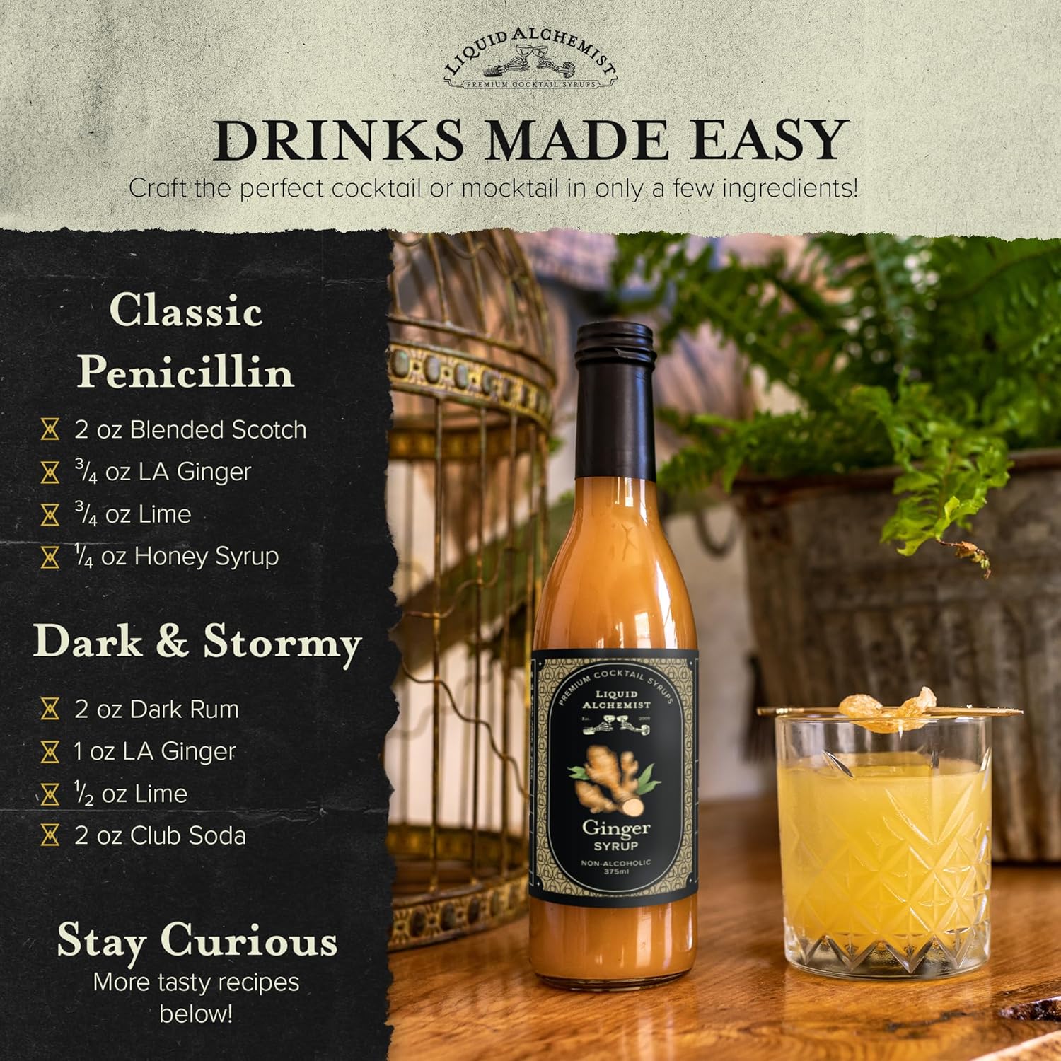 Liquid Alchemist Ginger Syrup for Cocktails - Real Ingredients Make our Liquid Ginger Puree for Cocktails the Perfect Moscow Mule Syrup - Our Non-GMO Vegan Drink Mixer Lasts Up to 2 Years (25.4 oz)