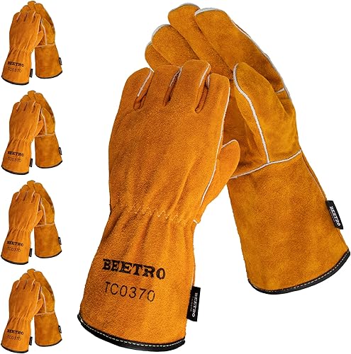 BEETRO Guantes de soldadura 5 pares de cuero de vaca forja Mig palo soldador Tig resistente al calor al fuego guantes para horno parrilla chimenea