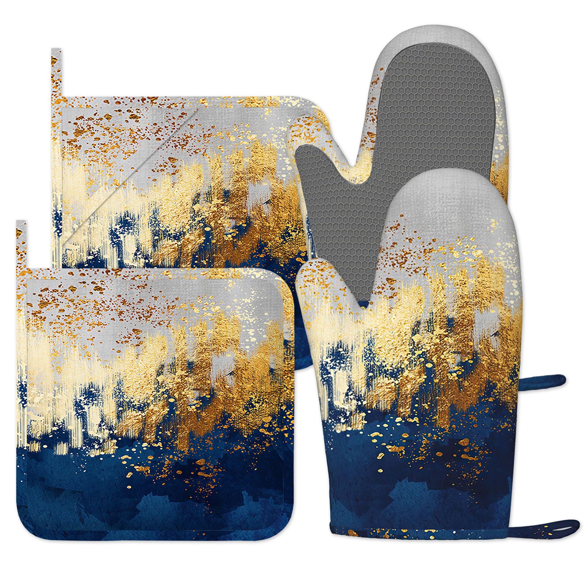 Oven Gloves Heat Resistant, Oven Mitts and Pot Holder Gradient Blue Gold Kitchen Non-Slip Silicone Cooking Microwave Gloves for Cooking Baking Grilling