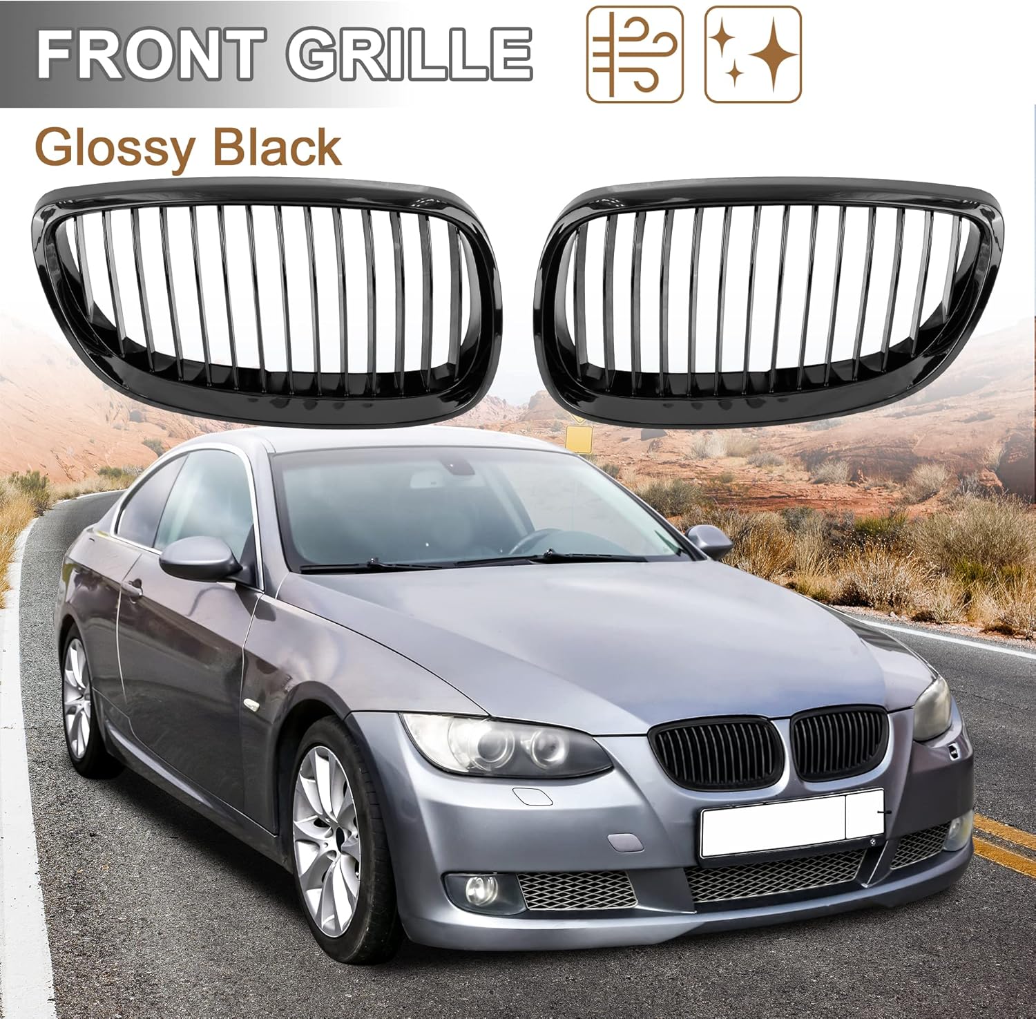 X AUTOHAUX Pair Front Kidney Grille Gloss Black for BMW E92 2007-2010 2 Door Single Line