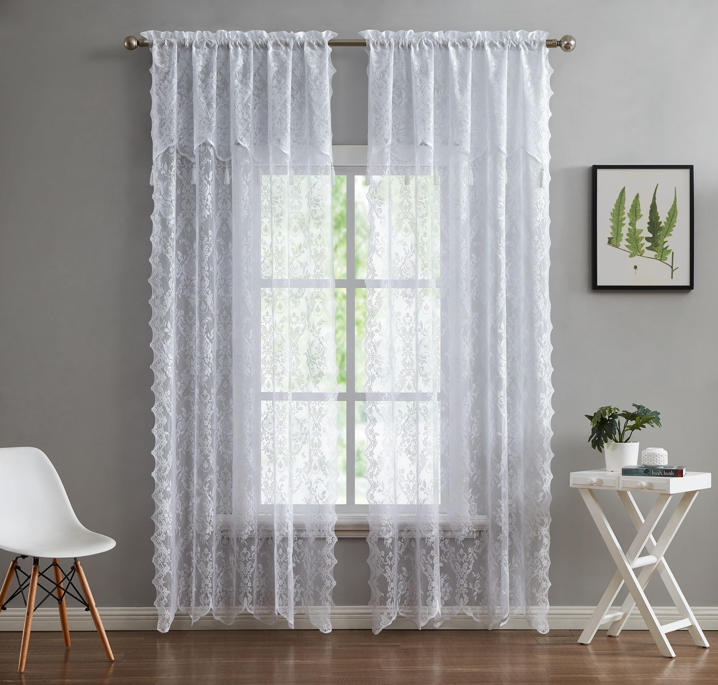 LinenZone Pair of 2 Lace Curtain Panels with Attached Valance and 6 Tassels. Sheer Lace Curtains for Living Room, Dining Room, Bedroom or Kitchen.