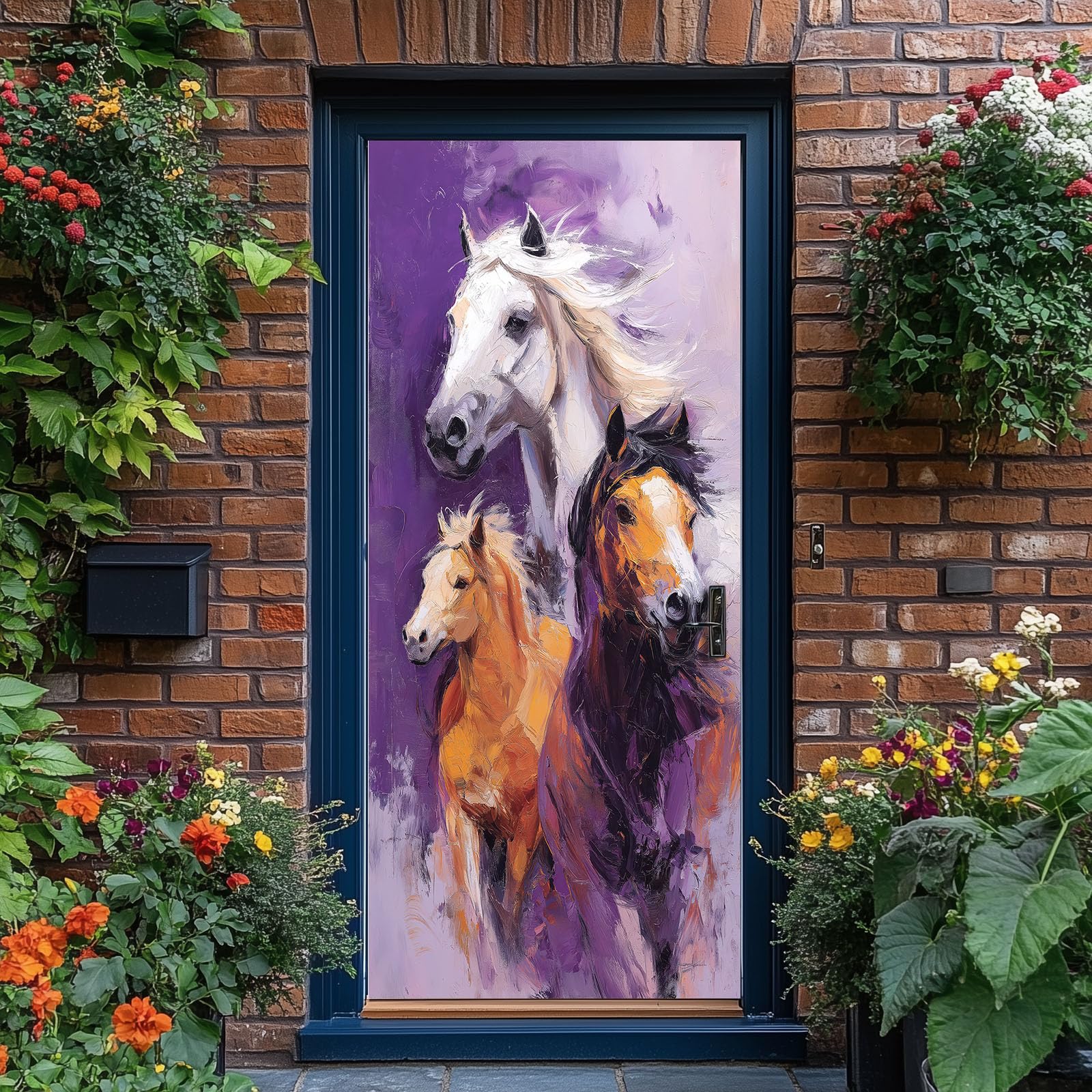 Adesivo per porta con cavallo, motivo astratto graffiti con animali, in PVC, impermeabile, rimovibile, viola, per camera da letto, soggiorno, decorazione per la casa, 95 x 210 cm
