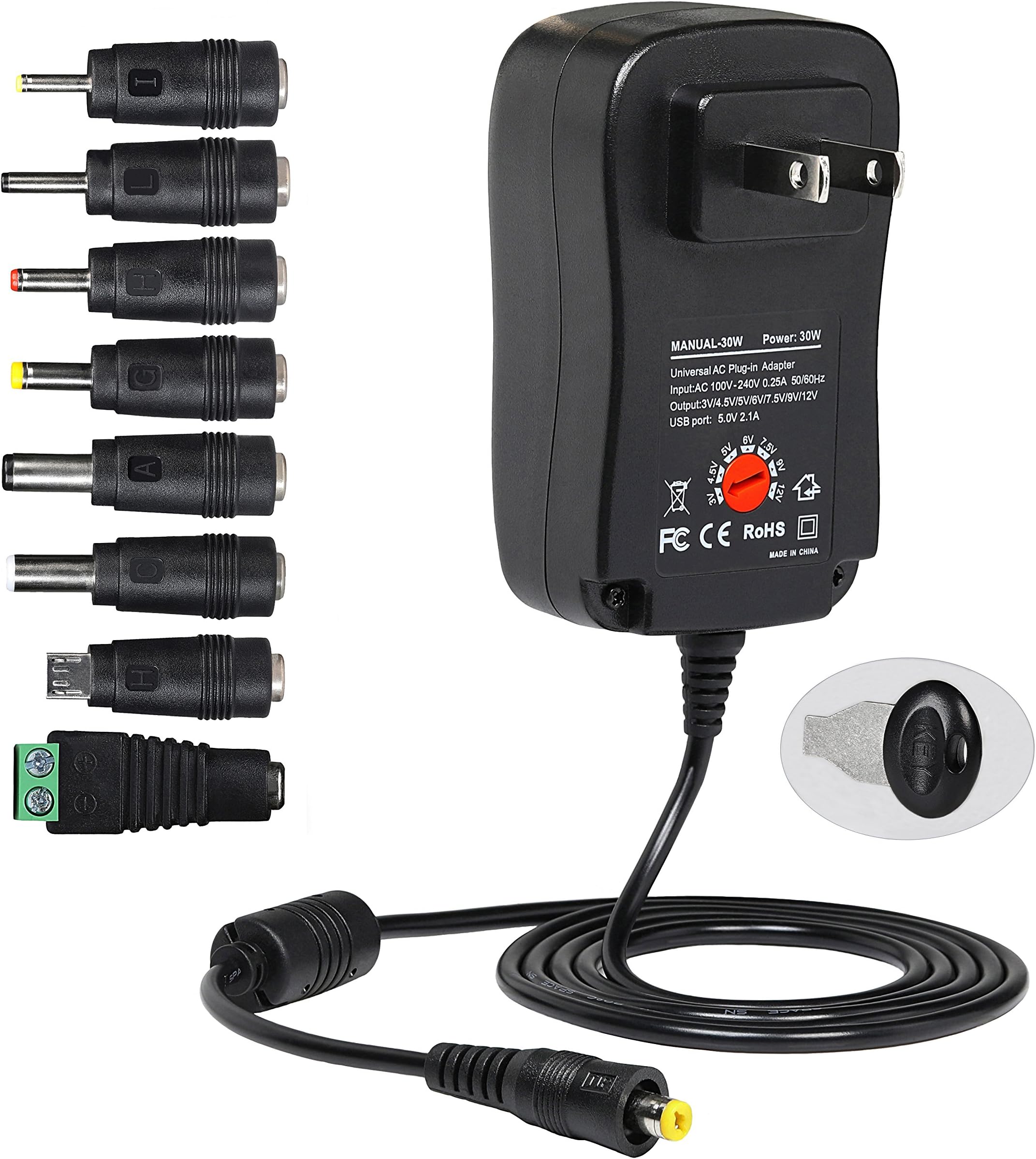 BestHot 30W 3V 4.5V 5V 6V 7V 9V 12V 2A Adjustable Voltage Univeral AC/DC Adapter with 8 Tips,for 3V to 12V Household Electronics Smartphones Tablet PC Router Camera USB Charging More