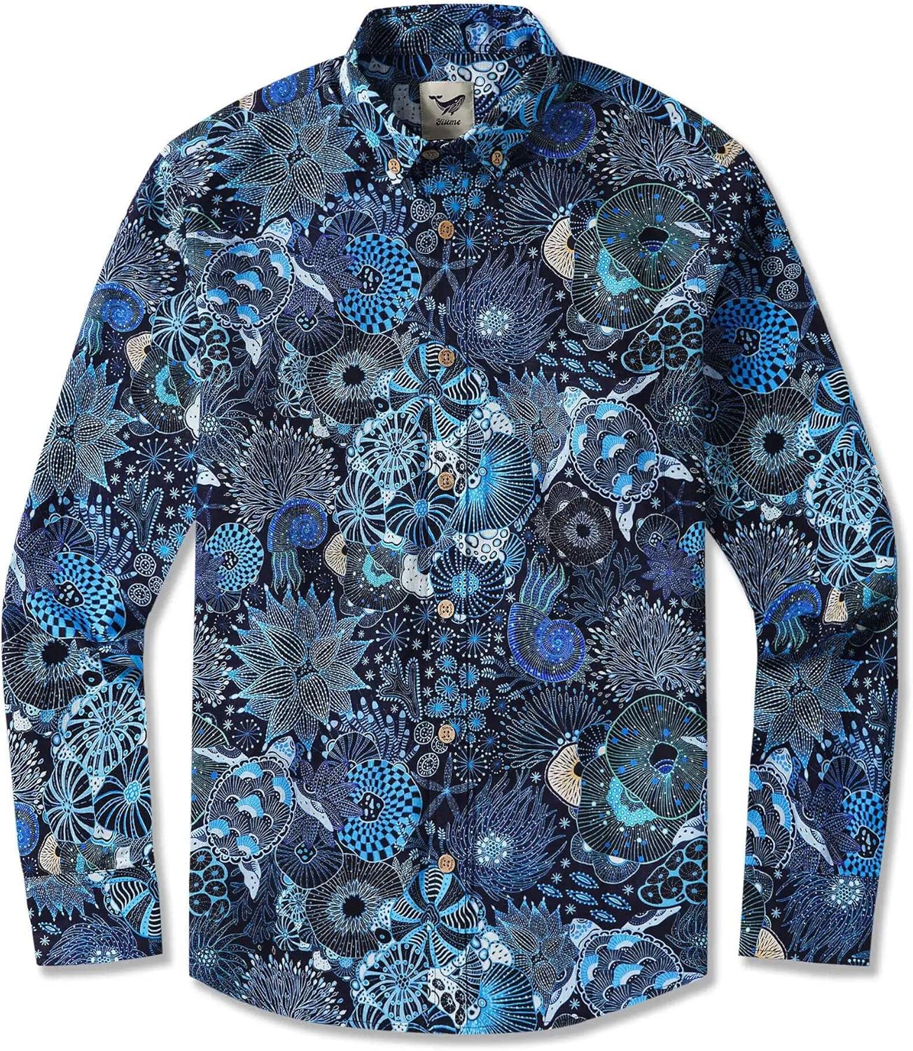 YIUME Men's Hawaiian Shirt 100% Cotton Long Sleeve Button-Down Casual Aloha Shirt
