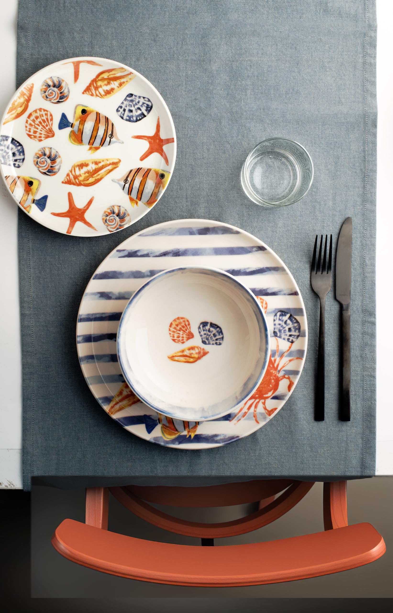 H&H – Vajilla de 18 piezas Playa, stoneware decorado, platos llanos, hondos y de postre, apta para microondas y lavavajillas