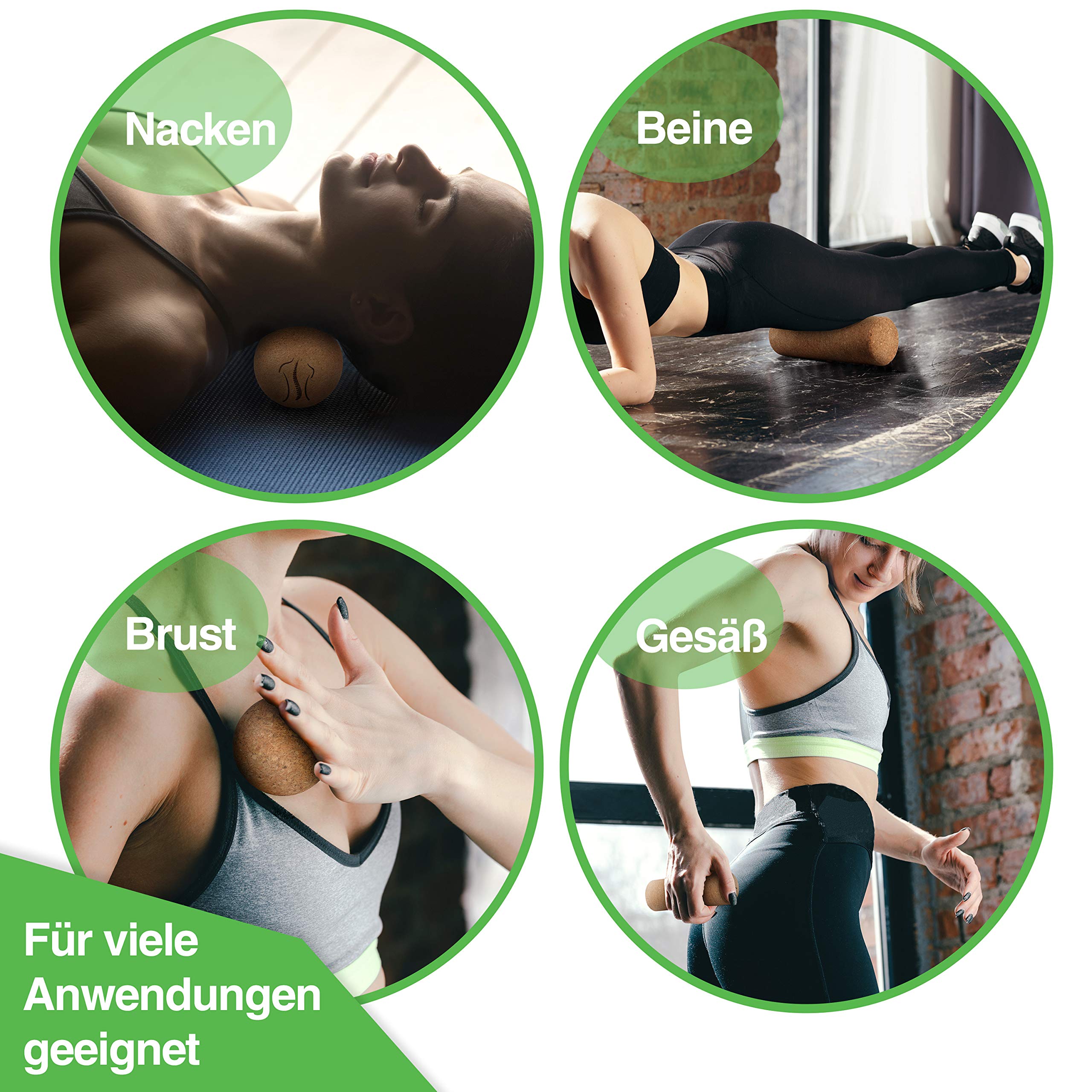 BACKLAXX ® Faszienrolle Set aus Kork – Faszienball und Massageball, Faszienrolle klein, Faszienrolle Fuß, Faszien Duoball - schadstofffrei, antibakteriell inkl. Videos – Faszien Set, Massage Set