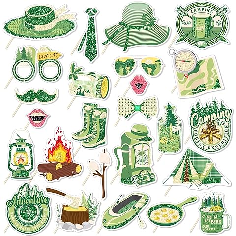 25Pcs Camping Photo Booth Props with Stick, Camp Theme Selfie Props, Camper Birthda...