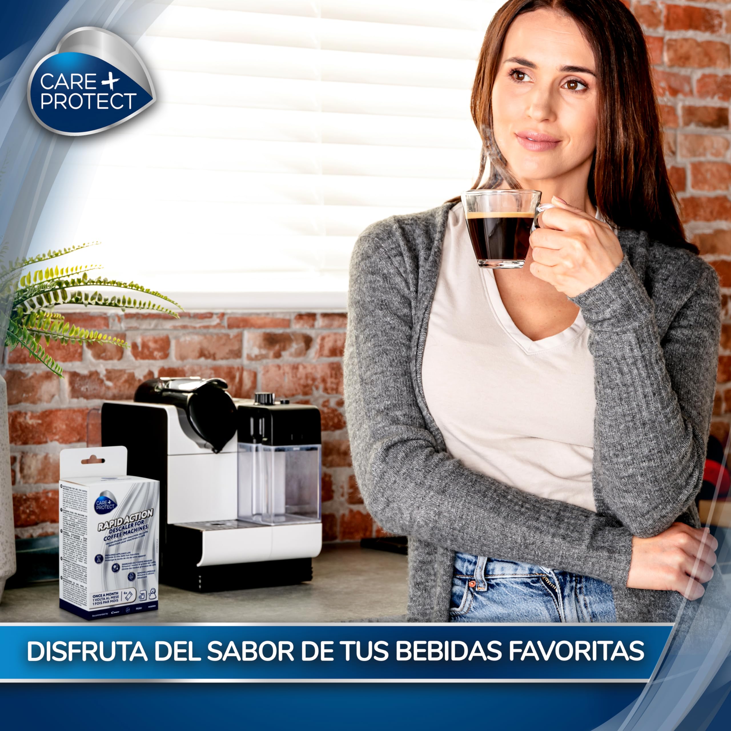 CARE + PROTECT Limpiador de cafeteras y hervidores Descalcificador, Universal, Elimina la cal y los residuos de café y té, 6 sobres para 6 meses
