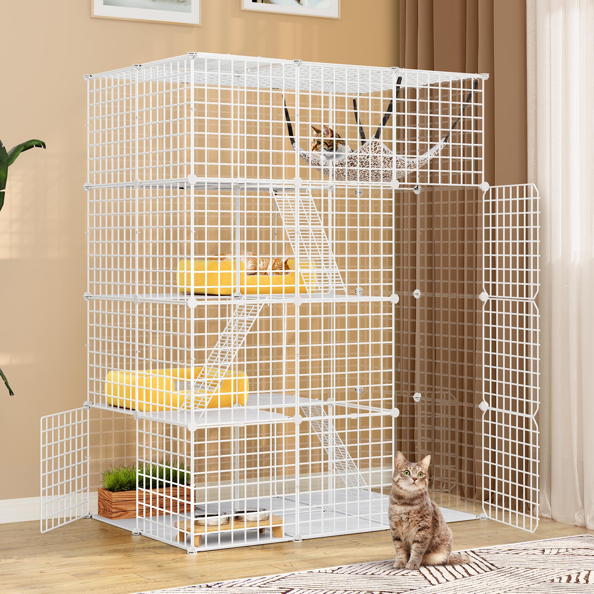YITAHOME Large Cat Cage Indoor Enclosure Metal Wire 4-Tier Kennels DIY Cat Playpen Catio with Large Hammock for 1-3 Cats White