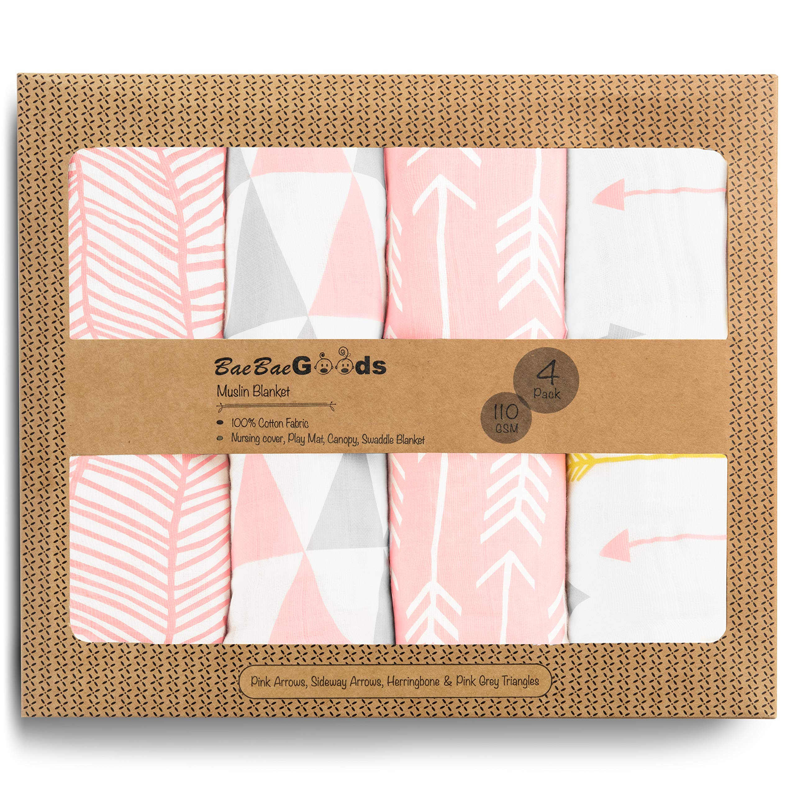 BaeBae GoodsMuslin Swaddle Blanket, Pink/Grey Triangles, Adjustable Infant Baby Wrap Set of 4, Baby Swaddling Wrap Blankets Made in Soft Cotton