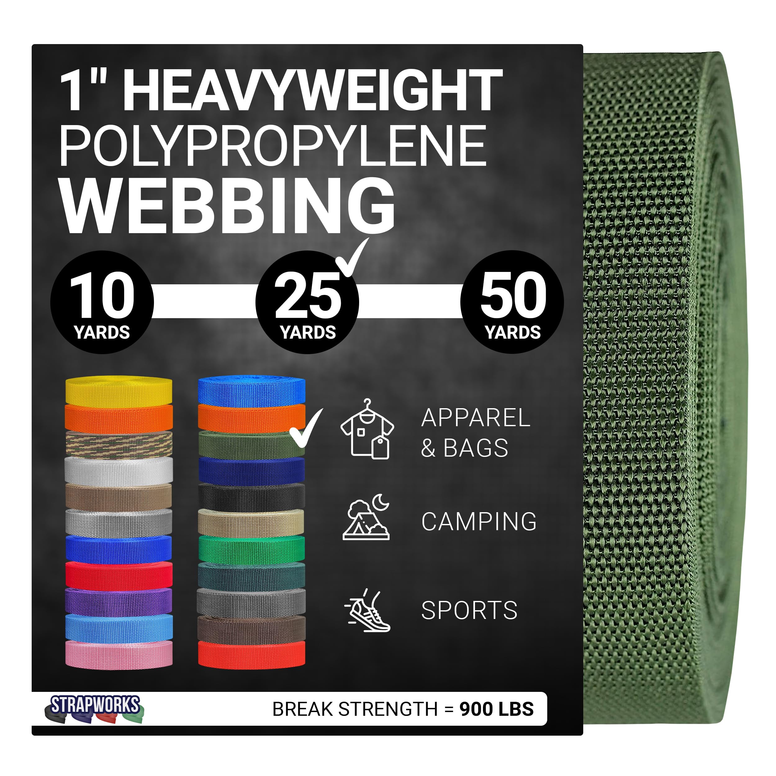 Strapworks Heavyweight Polypropylene Webbing - Heavy Duty Poly Strapping for Outdoor DIY Gear Repair, 1 Inch x 25 Yards - Olive Drab