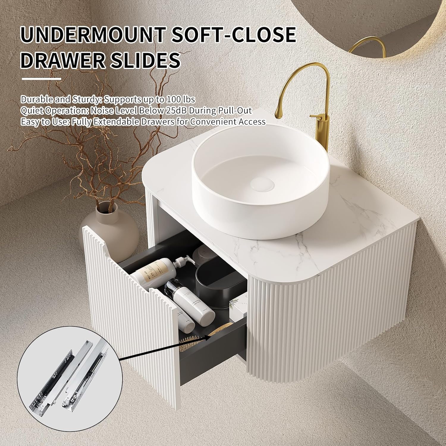 Yayzy 24" Floating Bathroom Vanity with Sink, Solid Wood Fluted Cabinet, White Round Ceramic Basin & Faux Marble Top, Soft-Close Drawer, Pre-Assembled, White