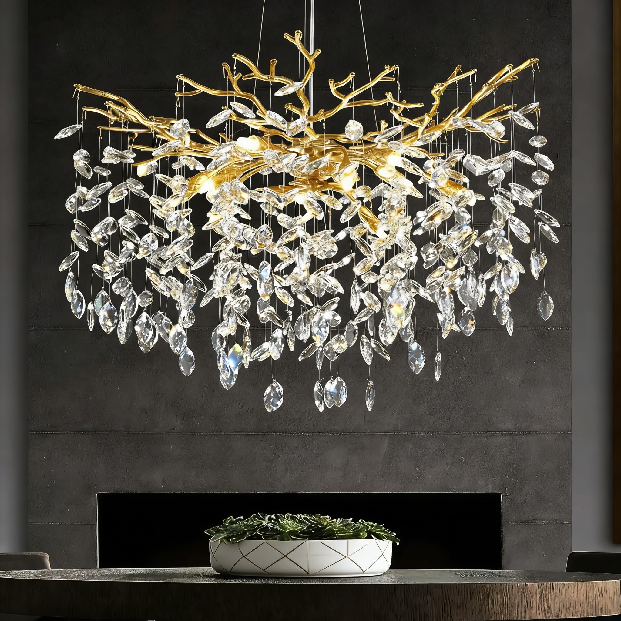 HJCKJSMEOU 32 inch Crystal Chandelier for Dining Room, Round Gold Tree Branches Chandeliers, Top K9 Modern Kitchen,Foyer Entryway,Luxury Adjustable Hanging Chandeliers