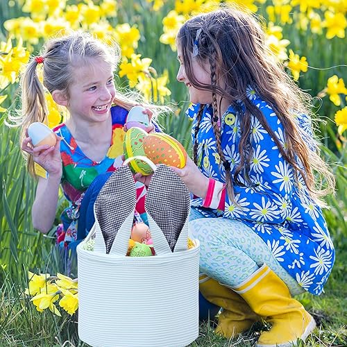 Miniatura 5 de Cesta de Pascua de sirsaca para niños con lindas orejas de conejo a rayas, regalos de almacenamiento de caramelos, regalos personalizados para
