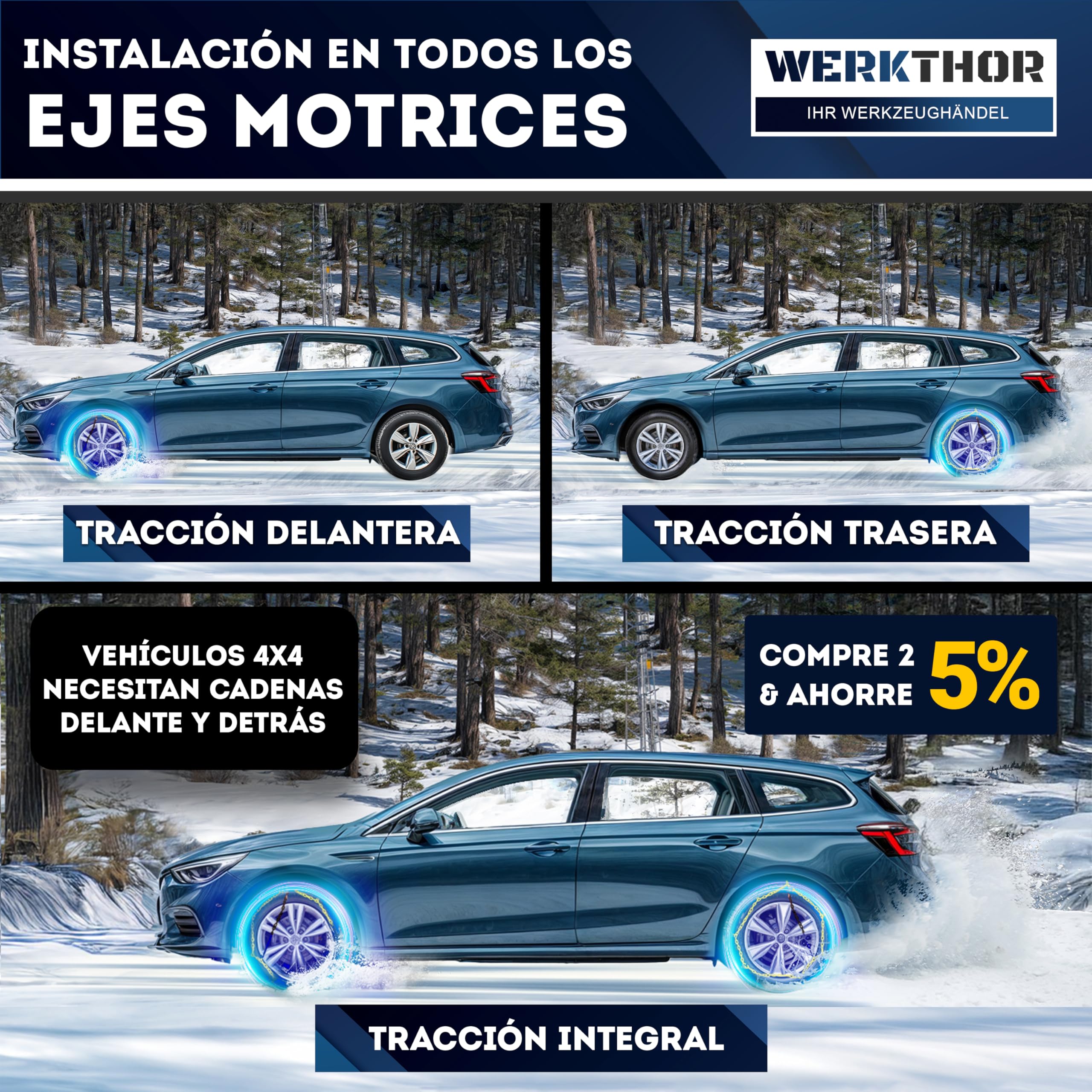 WERKTHOR 2x Cadenas de Nieve para Coche - Cadenas para Autos Certificadas - Máximo Agarre y Montaje Fácil - Cadenas Metálicas para Nieve - Para Diversas Medidas de Ruedas