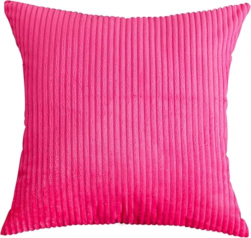 Miniatura 2 de TangDepot, Juego de 2 fundas de almohada decorativas de pana a rayas de terciopelo sólido a rayas (18 x 18 pulgadas, 2 piezas, A75 rosa intenso)