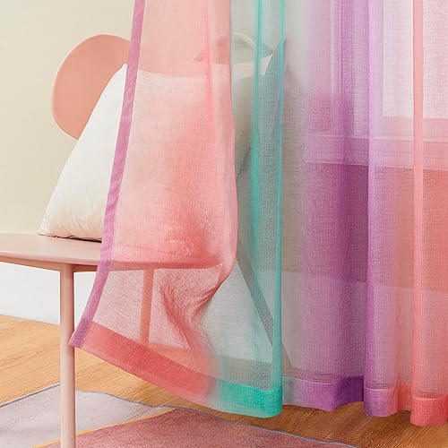 Vista 7 de XiDi Ombre Sheer Curtain Panel Set,Pink Green and Purple Semi Transparent Voile Drapes Short Sheer Curtains for Girls Bedroom Decor,2 Packs 52inch